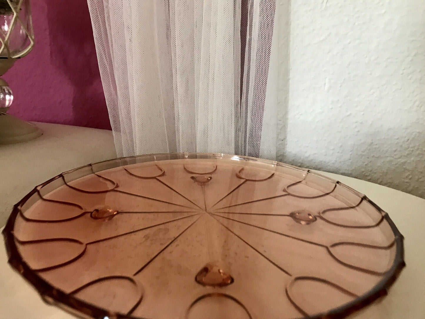 Antik Tortenplatte Tortenständer Rosalin Glas rosa 4Füssig Art Déco Pressglas