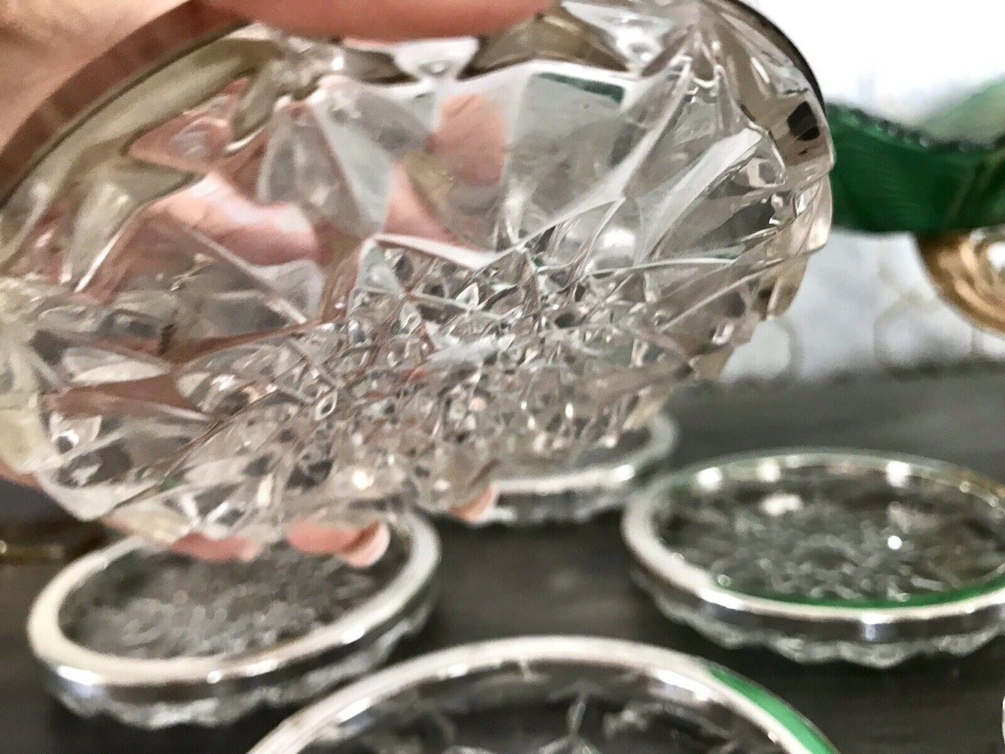 Vintage 6x Untersetzer für Weingläser Glas Kristallglas Bleikristall versilbert