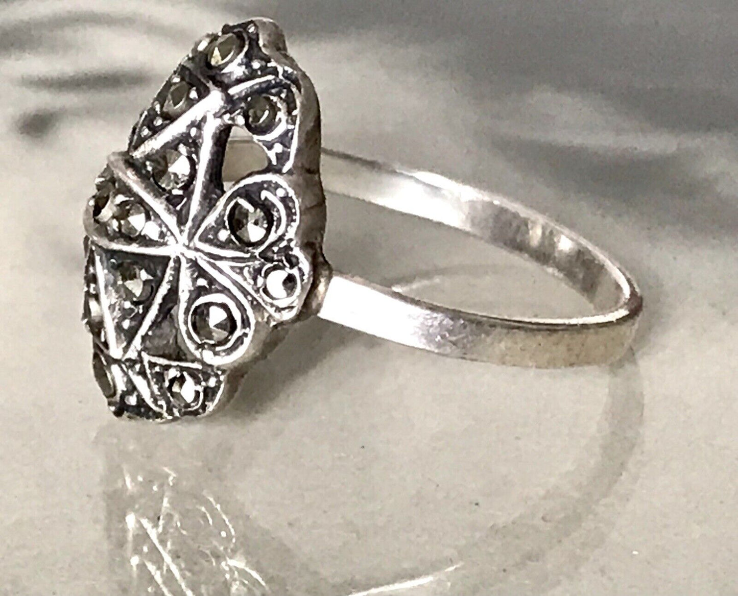 Antik Art Déco Edel Markasite DAMEN RING Silber 925 Gr.52 53 Schiffchen 1,68