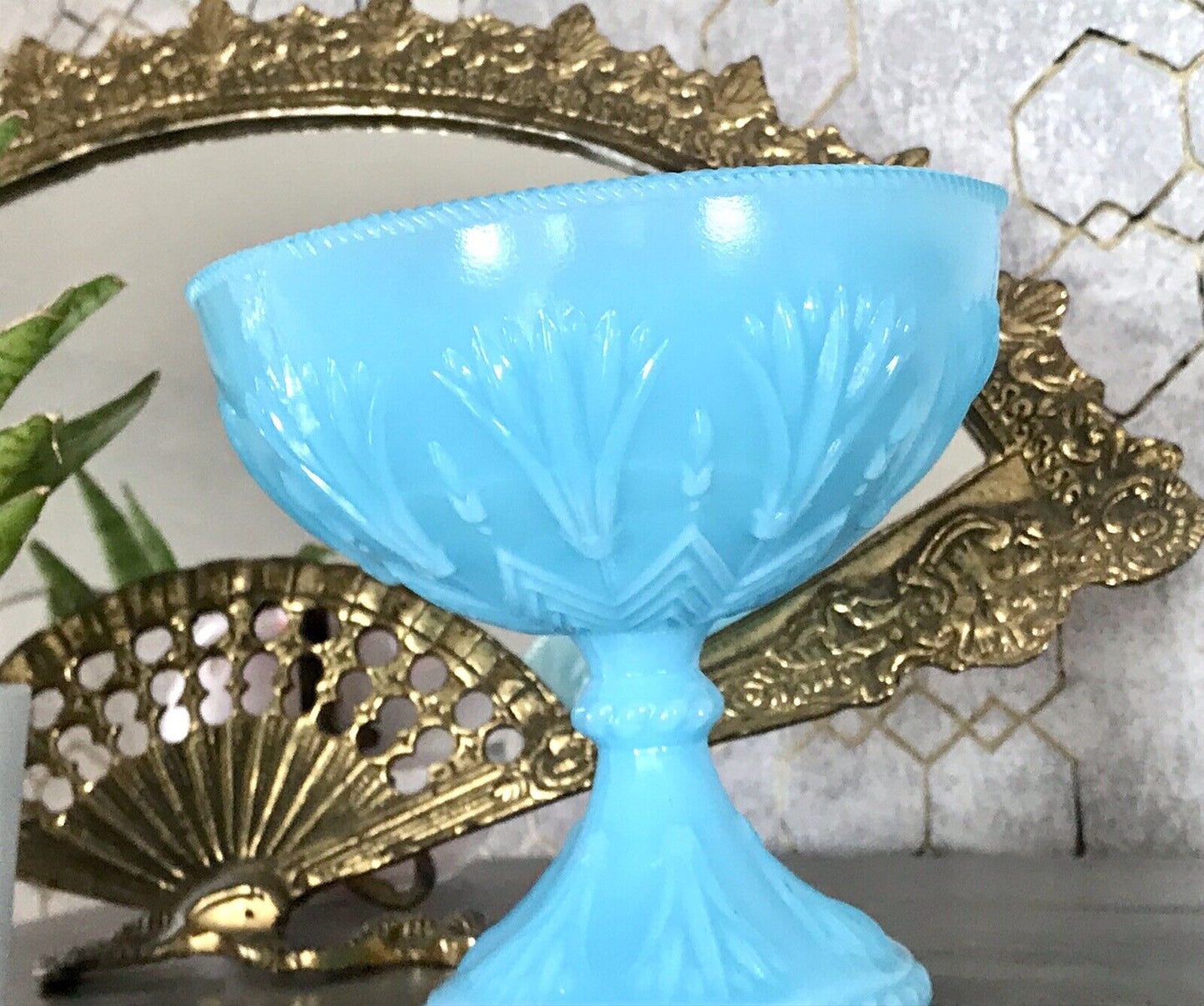 Antik Jugendstil Art Déco Pressglas Schale Fußschale Zuckerschale blau türkis