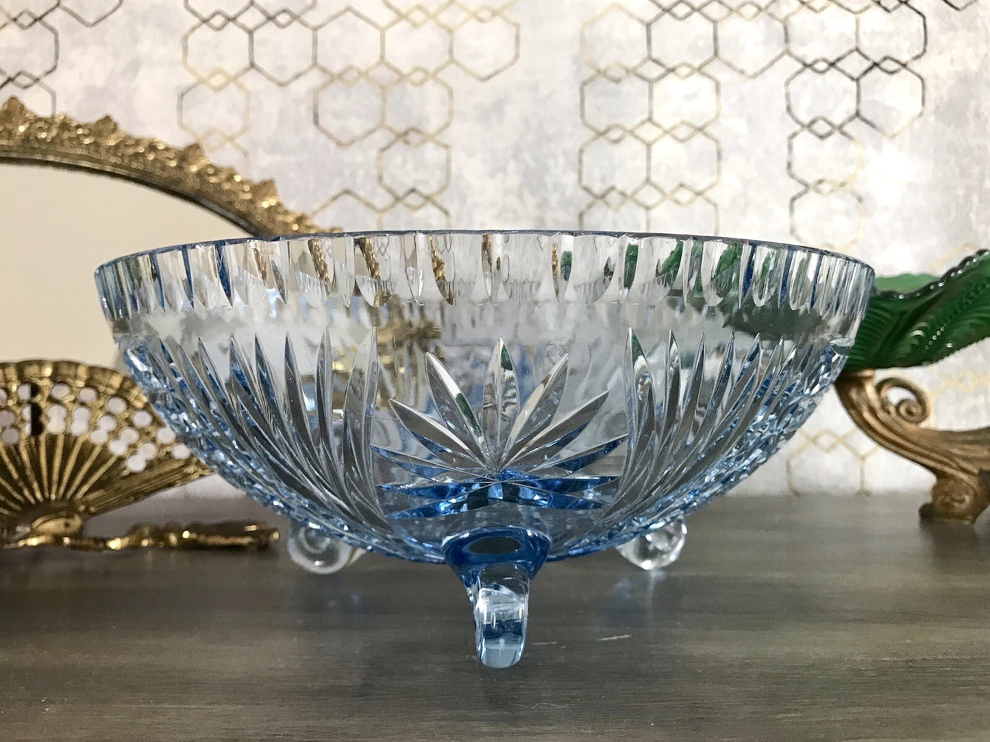 Antik EDEL blau Art Déco Schale Glasschale mundgeblasen geschliffen 3füssig