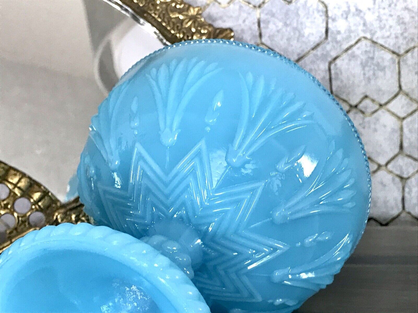 Antik Jugendstil Art Déco Pressglas Schale Fußschale Zuckerschale blau türkis