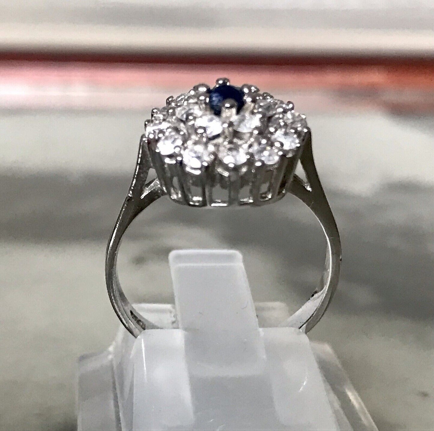 Vintage Entourage Halo Ring farblose Steine & Saphir Silber 925 ~Gr.54