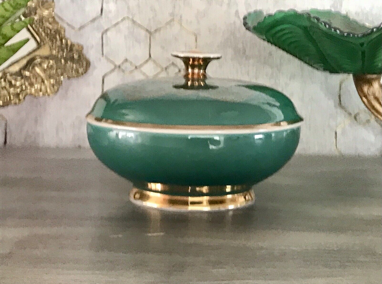 Spätes Art Vintage 50er Porzellan Dose Deckeldose Bonboniere grün gold Seltmann
