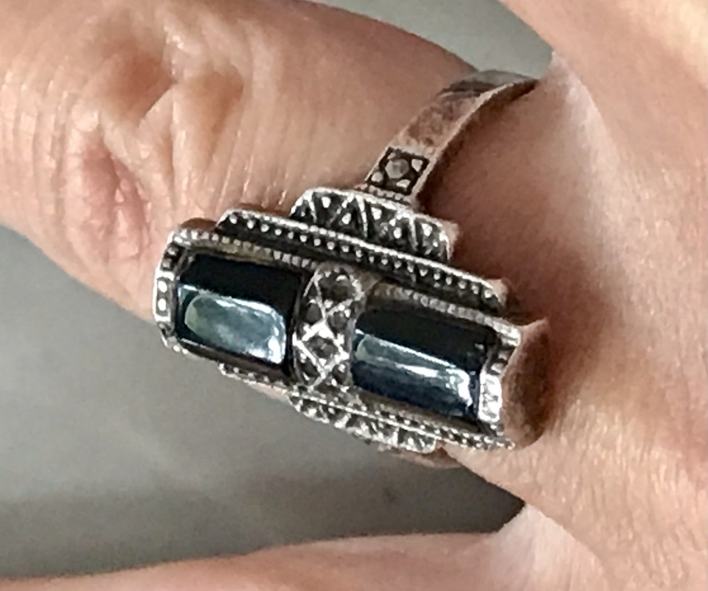 Antik Art Déco Damen Schiffchen Ring Onyx 925 Silber Gr.56 Markasite 18,1