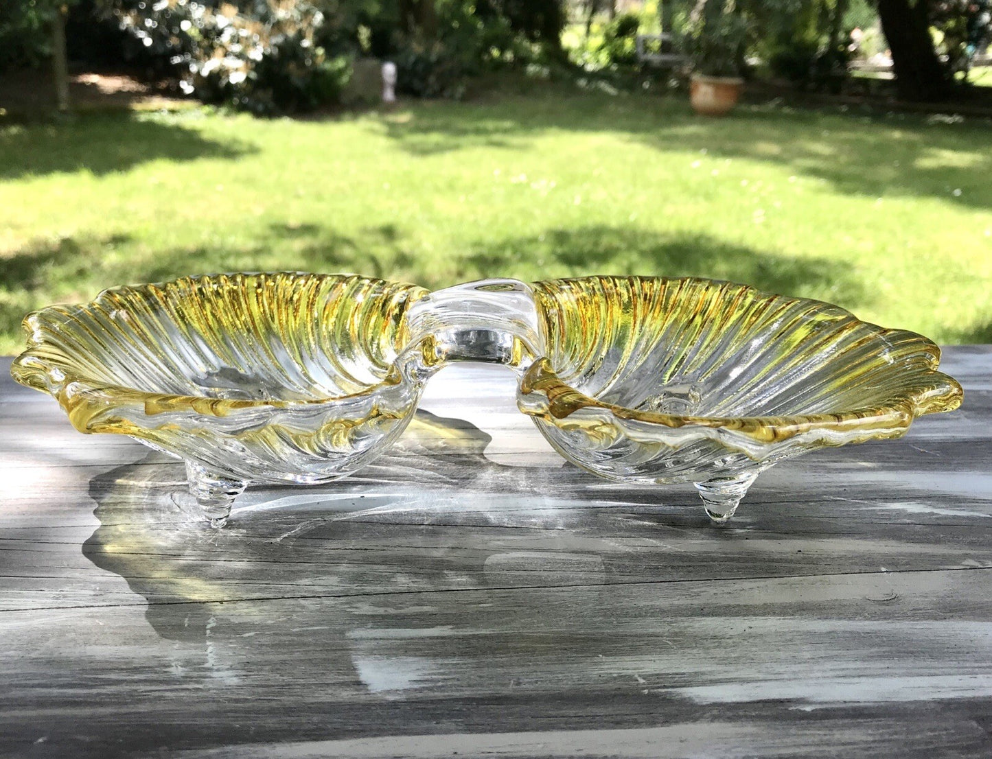 Vintage 70er Glas Schale Anbietschale Muschel Walther Glas Kultig gelb