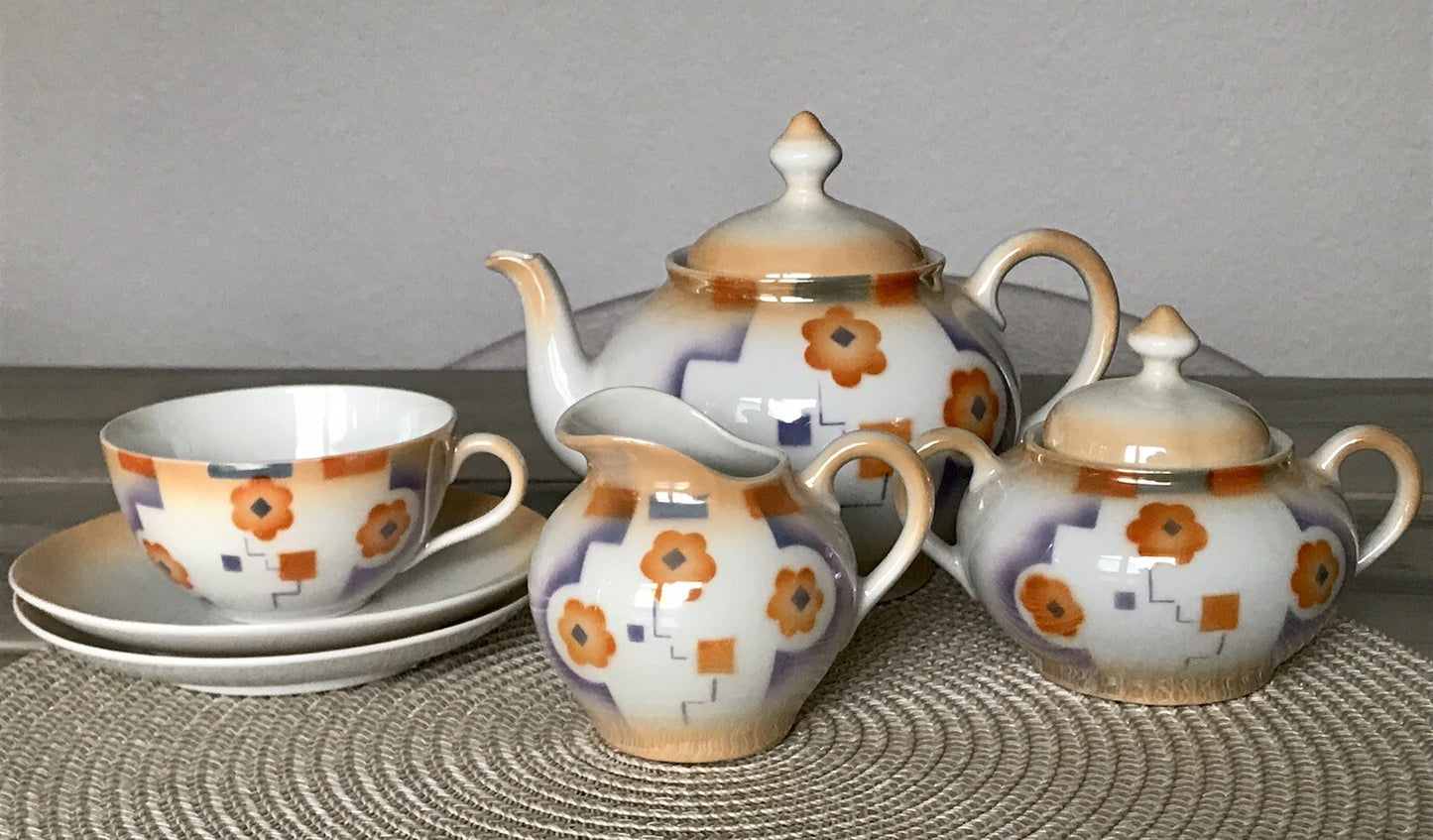 Antik Art Déco Porzellan Kaffeeservice Spritzdekor Moccaservice