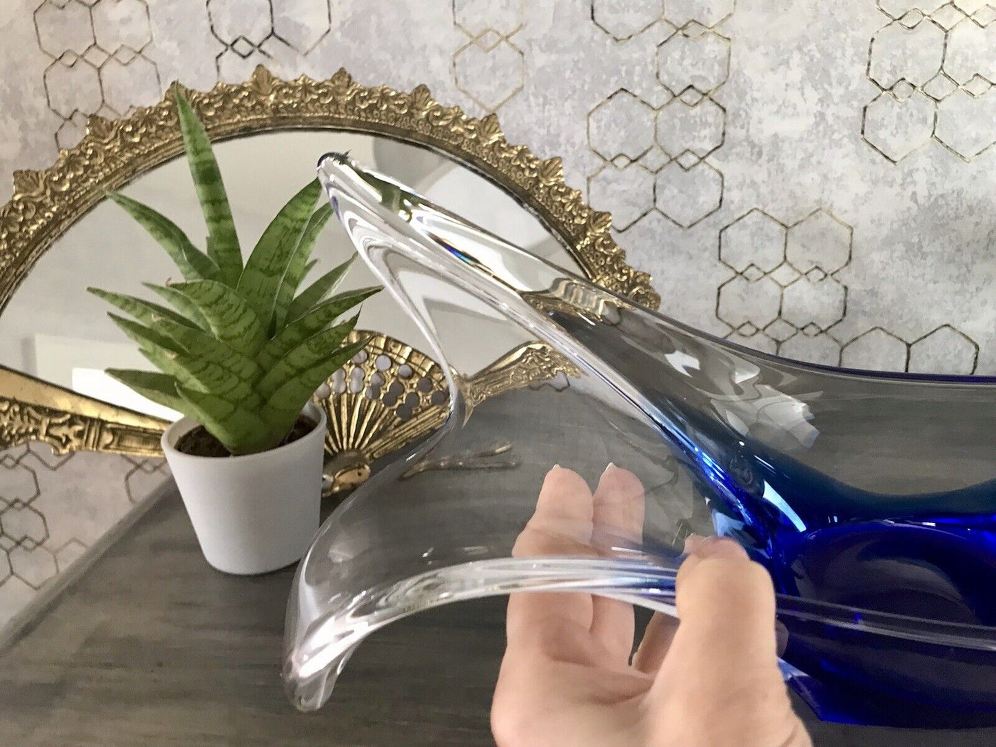 Murano 60er 70er Jahre Schale Glas zipfelig blauer Zwischenfang im Klarglas