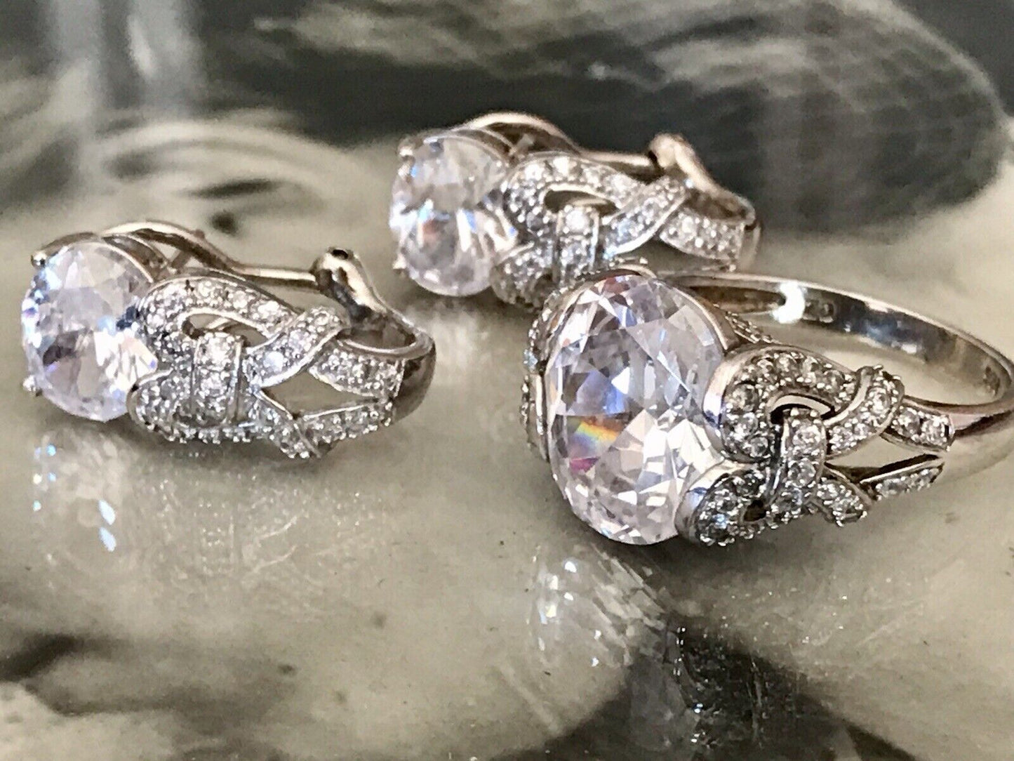 Edel Schmuck Set DAMEN RING & Ohrringe Silber 925 Gr.63 Steine Cubic Zirkonia