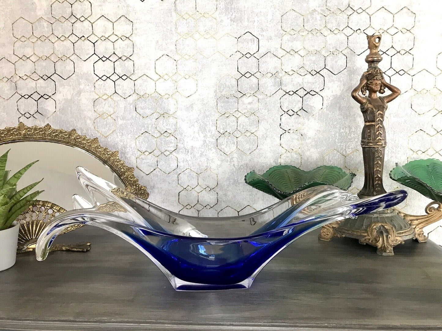 Murano 60er 70er Jahre Schale Glas zipfelig blauer Zwischenfang im Klarglas