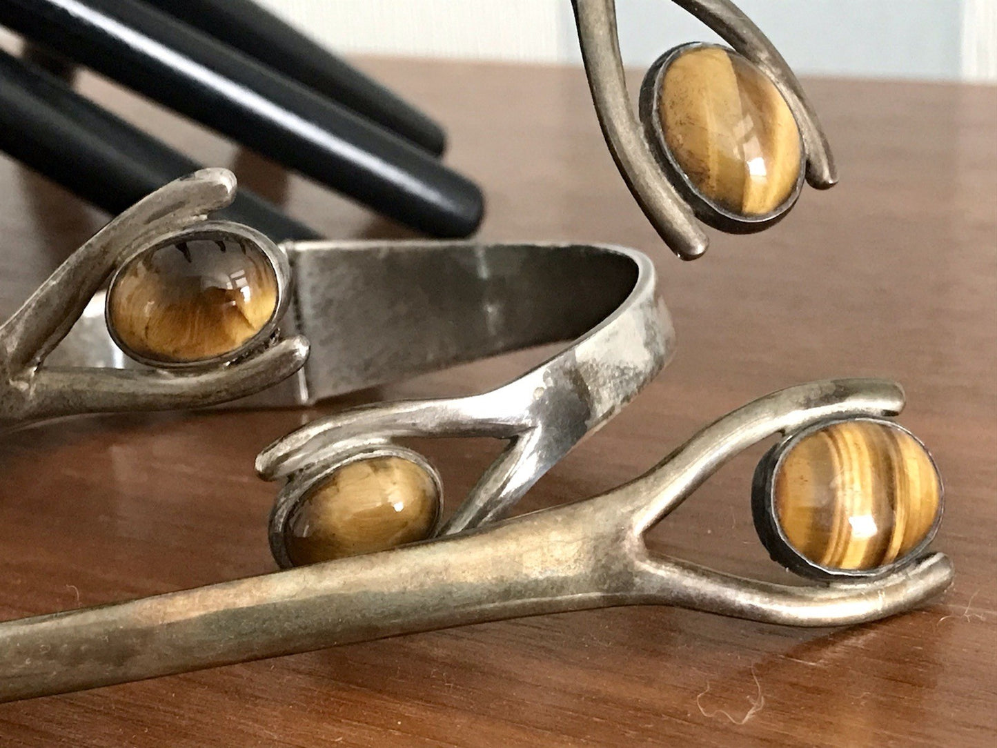 Vintage Set Halsreif Armspange Armband Collier 925 Silber Halskette Tigerauge