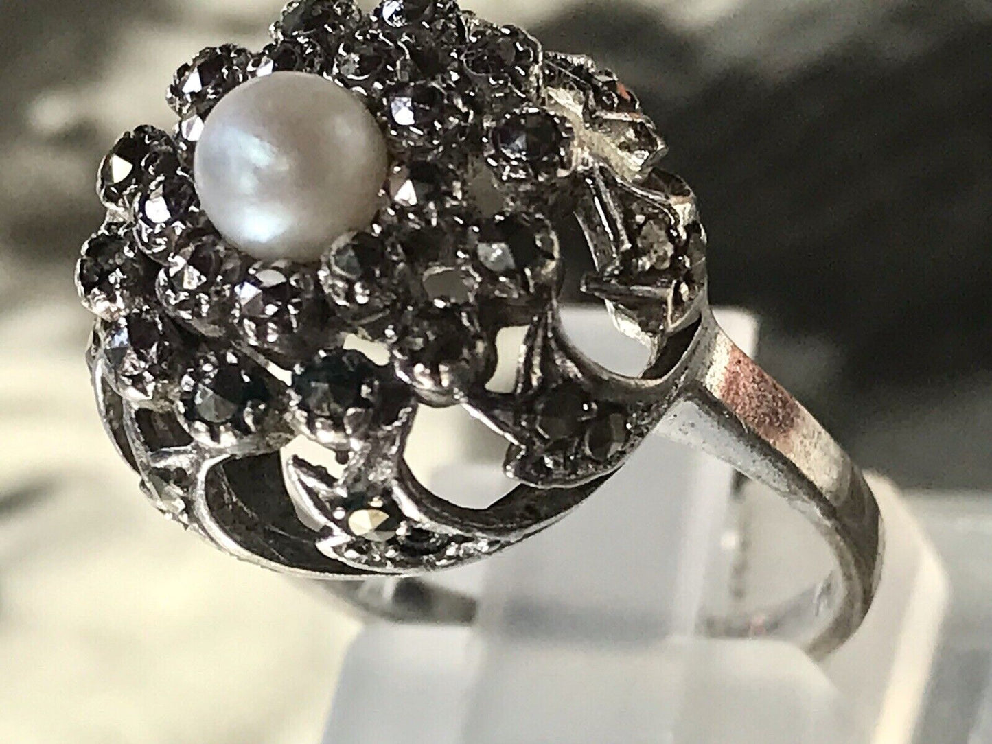 Antik Edel DAMEN Entourage RING Silber 835 Perle Markasite Gr.52