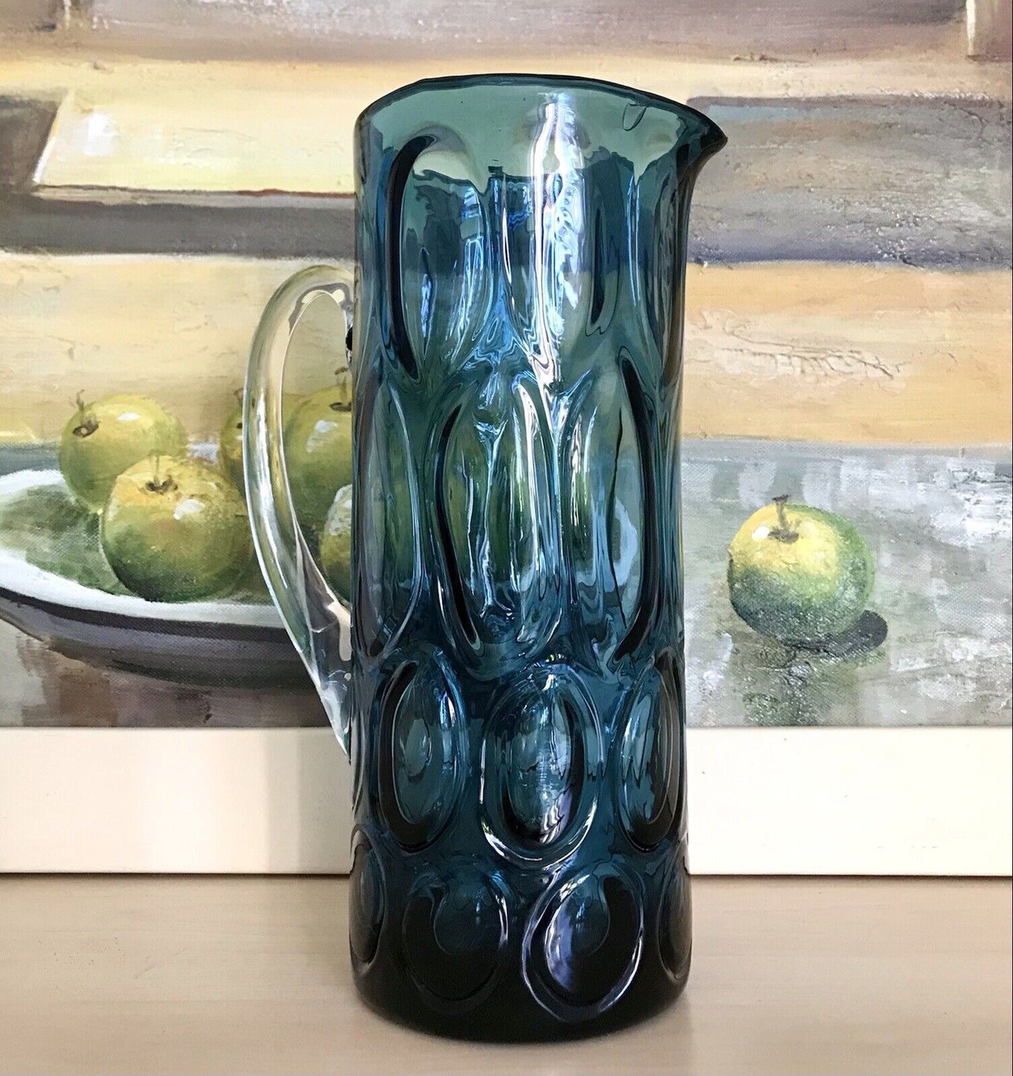 Vintage Designer 60er Krug Kanne Karaffe Space Age Glas Bubble Struktur blau