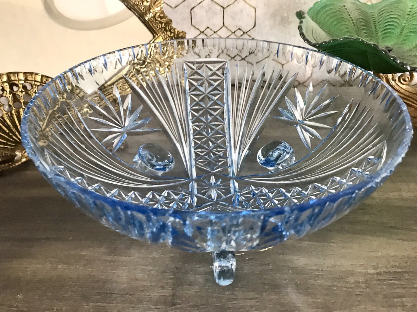 Antik EDEL blau Art Déco Schale Glasschale mundgeblasen geschliffen 3füssig