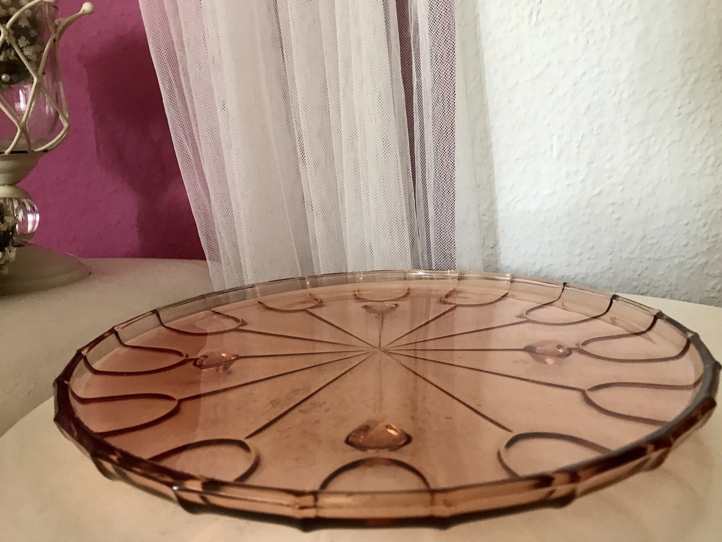 Antik Tortenplatte Tortenständer Rosalin Glas rosa 4Füssig Art Déco Pressglas