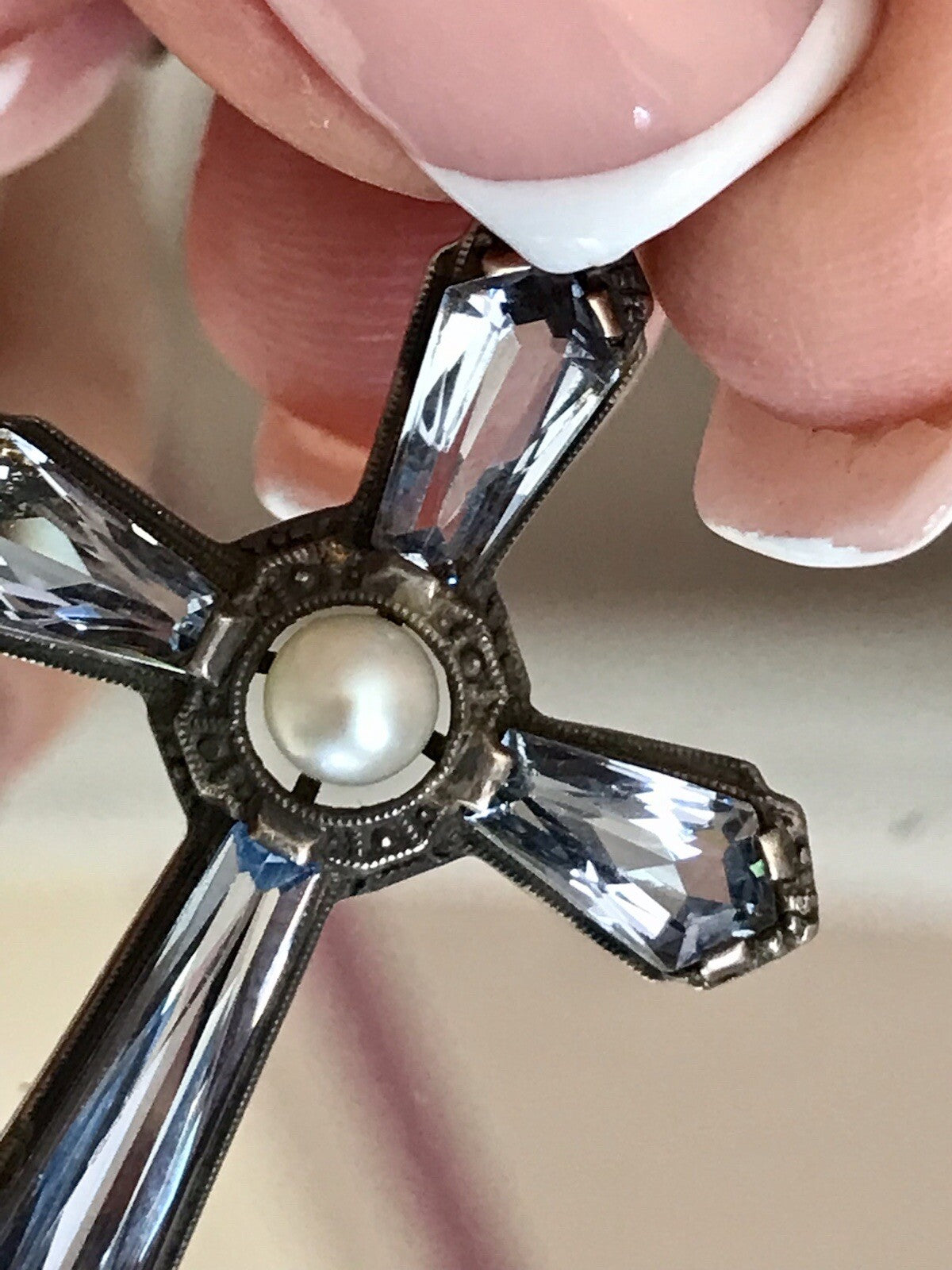 Antik Edel Art Déco Silber Kreuz Anhänger Kettenanhänger blaue Steine Aquamarin?
