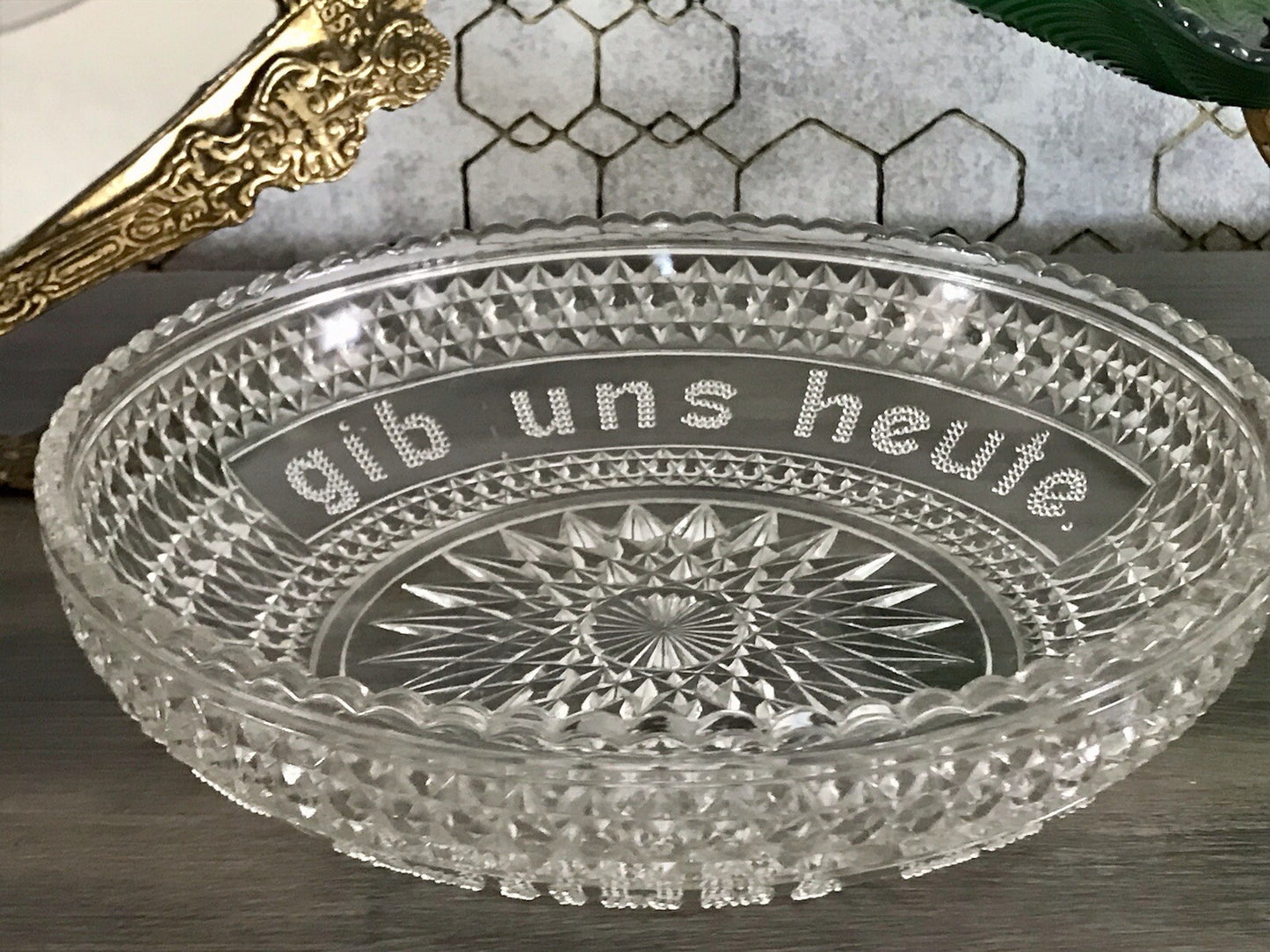 Art Déco Pressglas Schale Antik Brotschale Unser täglich Brot gib uns heute Glas