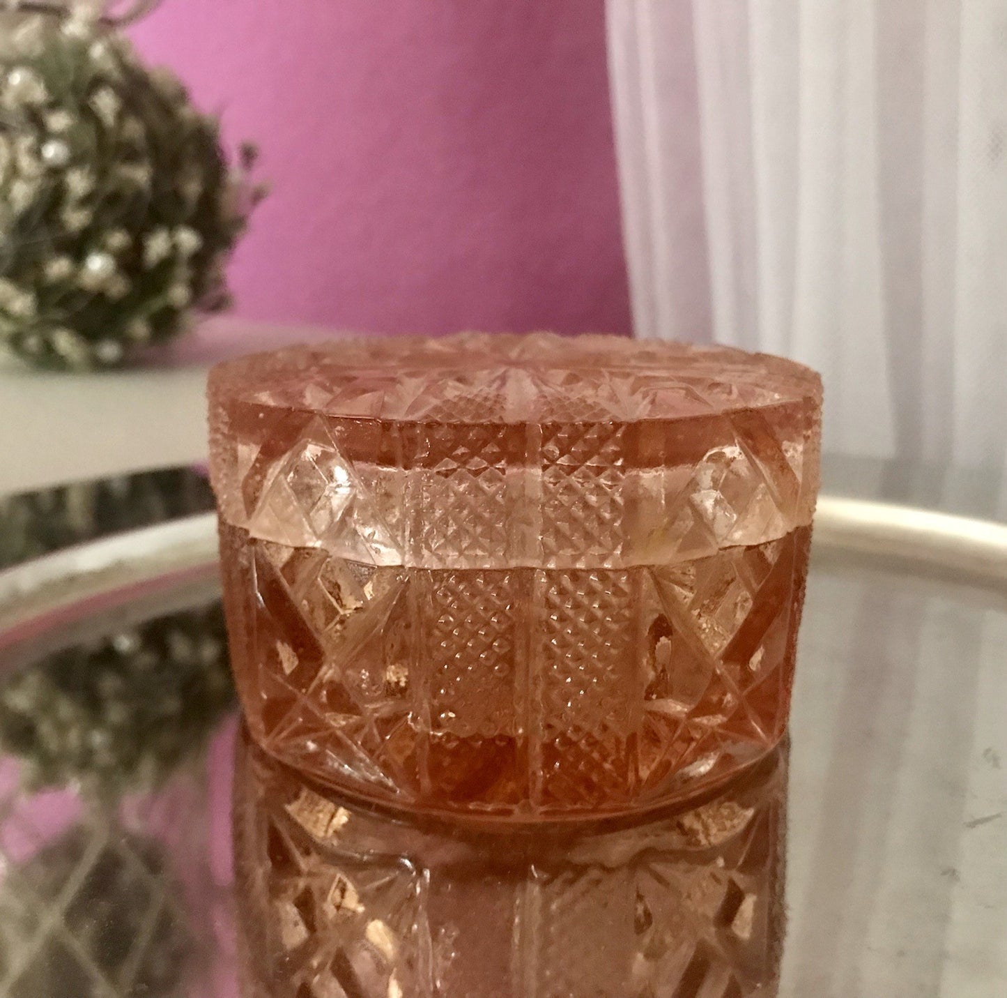 Antik Art Déco Dose Deckeldose Zierdose Pressglas Rosalin rosa Glas
