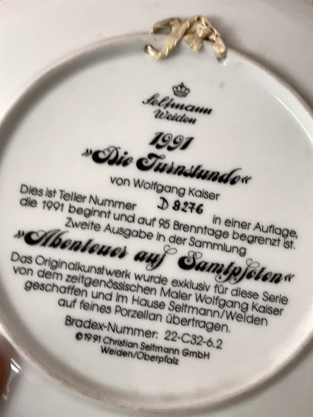 Porzellan Wandteller Zierschale Teller Seltmann Abenteuer auf Samtpfoten 1991