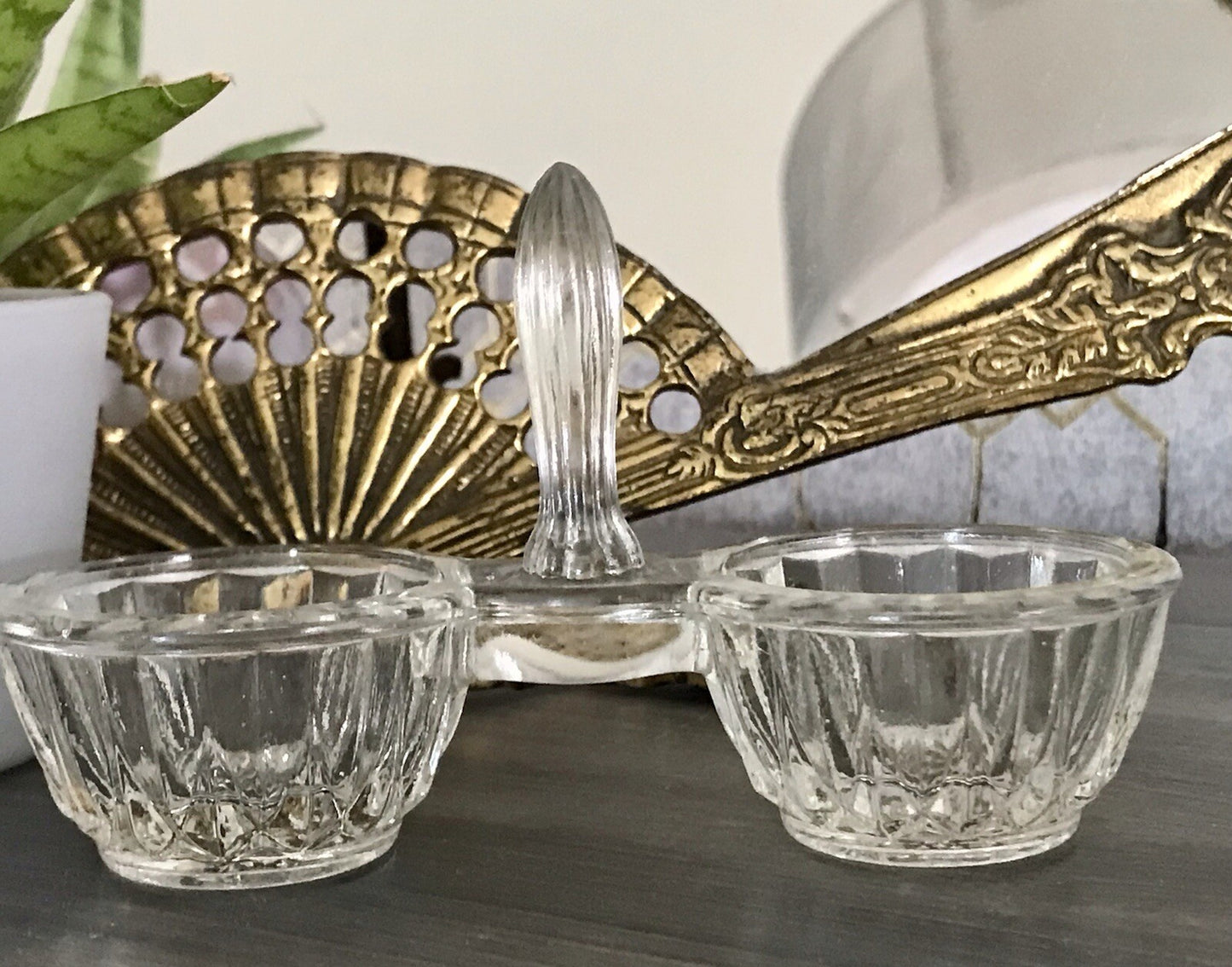 Antik Art Déco Pressglas Salz & Pfeffer Menage Saliere Gewürzständer Glas