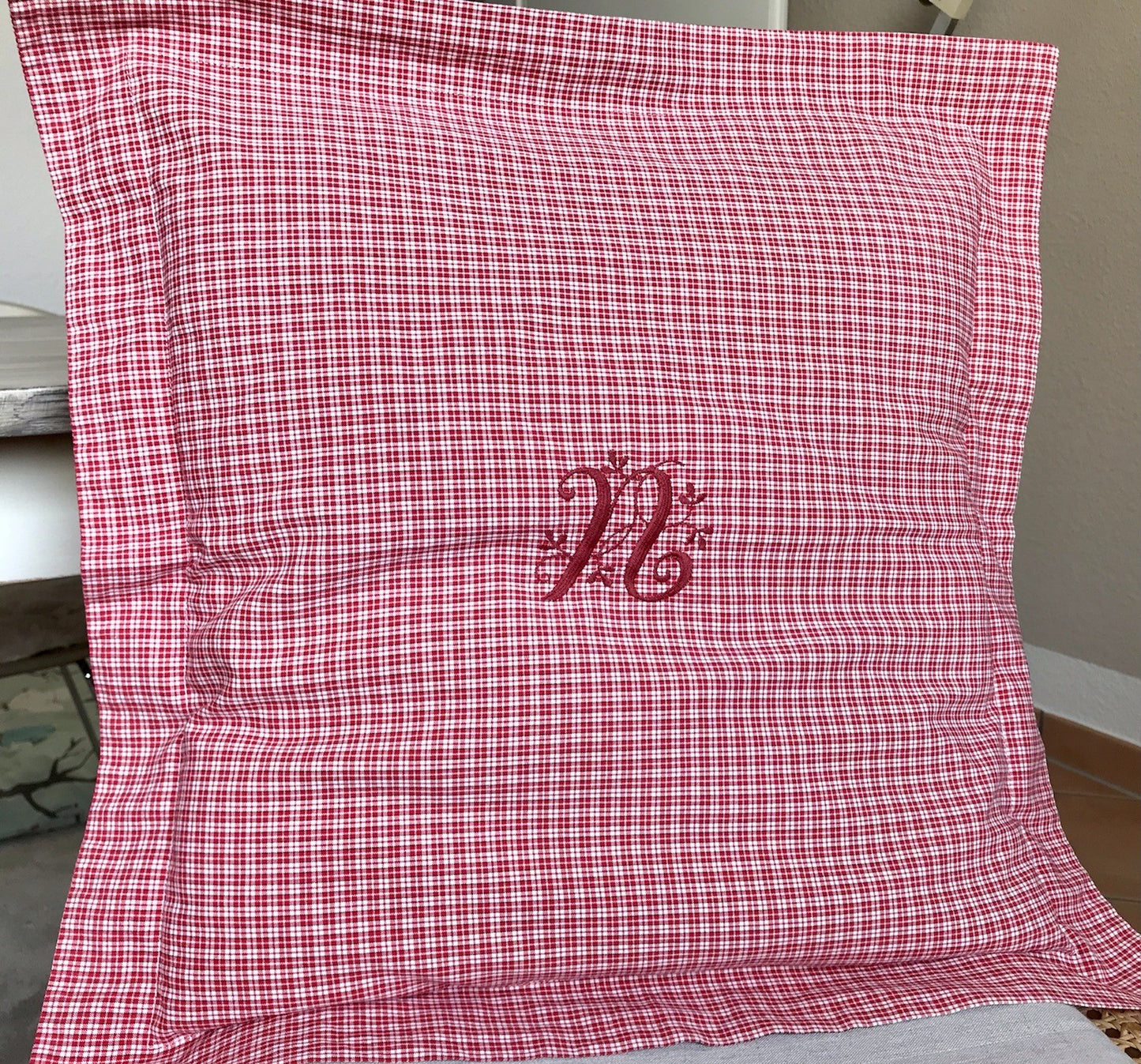 Antik? Vintage Alt Kopfkissen Bezug Baumwolle Monogramm N Stehsaum rot kariert