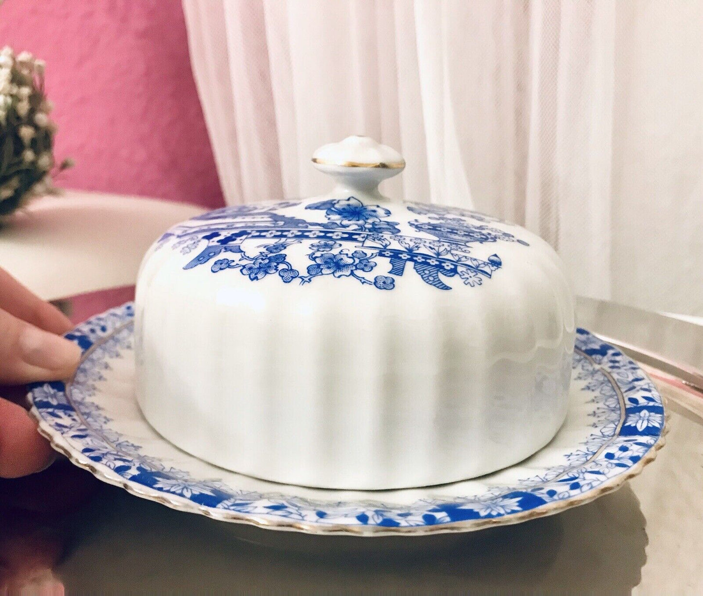 Antik Art Déco Porzellan Butterdose Dose China Blau