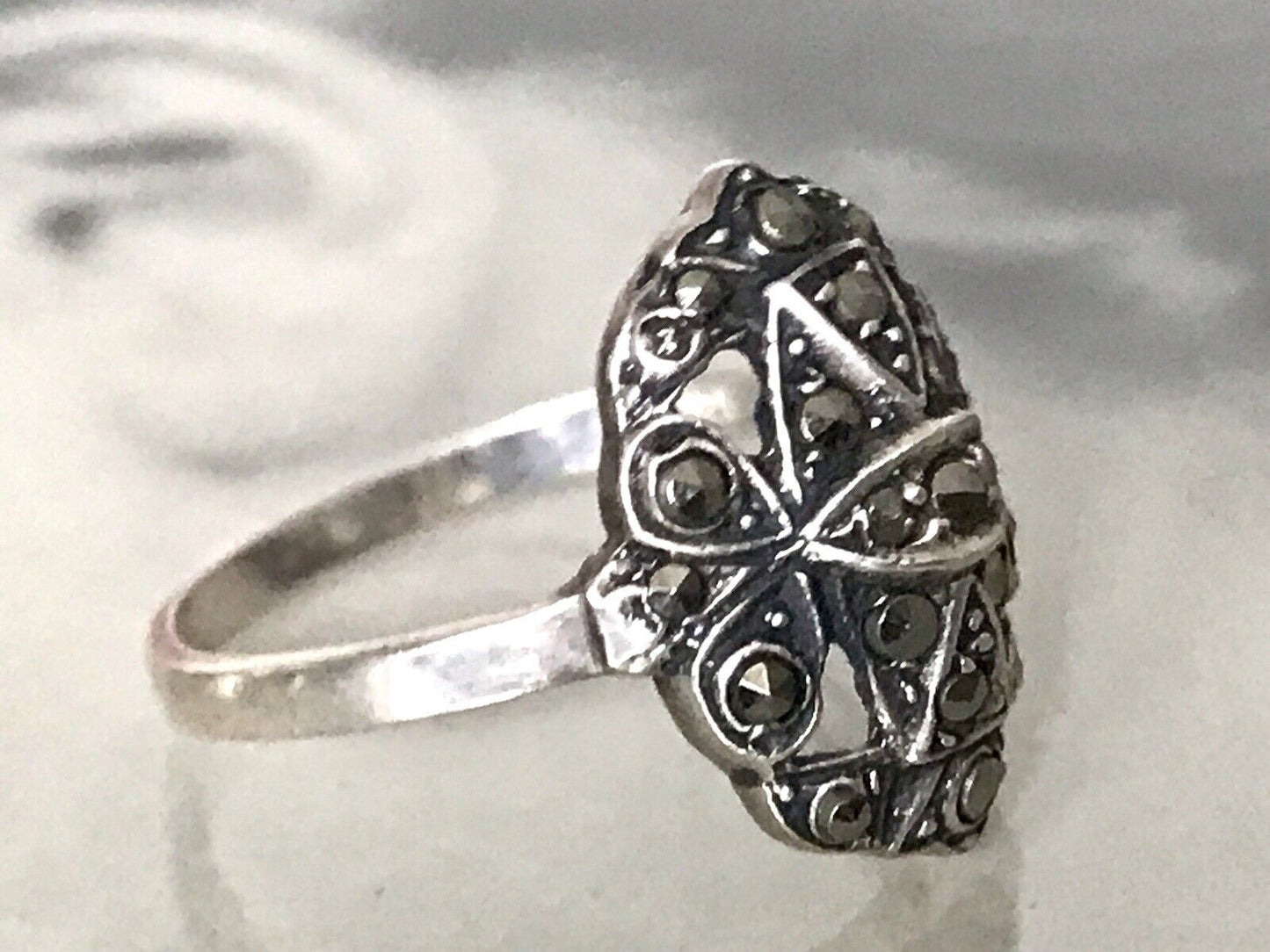 Antik Art Déco Edel Markasite DAMEN RING Silber 925 Gr.52 53 Schiffchen 1,68