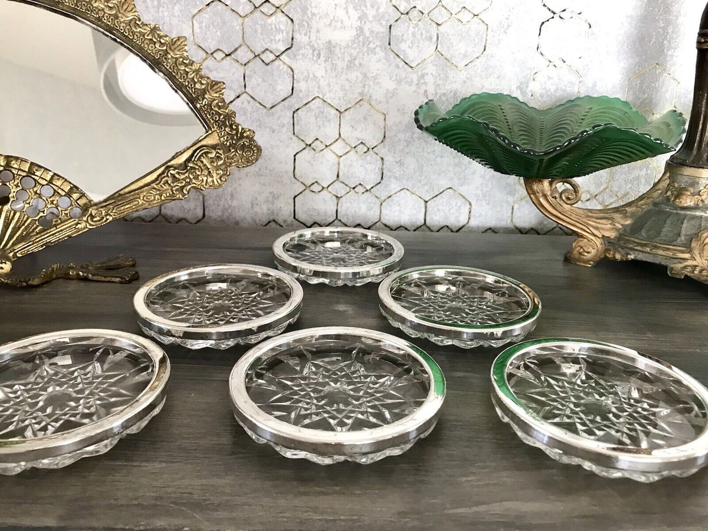 Vintage 6x Untersetzer für Weingläser Glas Kristallglas Bleikristall versilbert