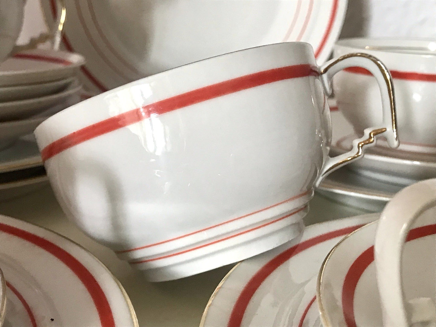 Antik Art Déco Porzellan Kaffeeservice weiß rot orange gemarkt deutsch Bauhaus