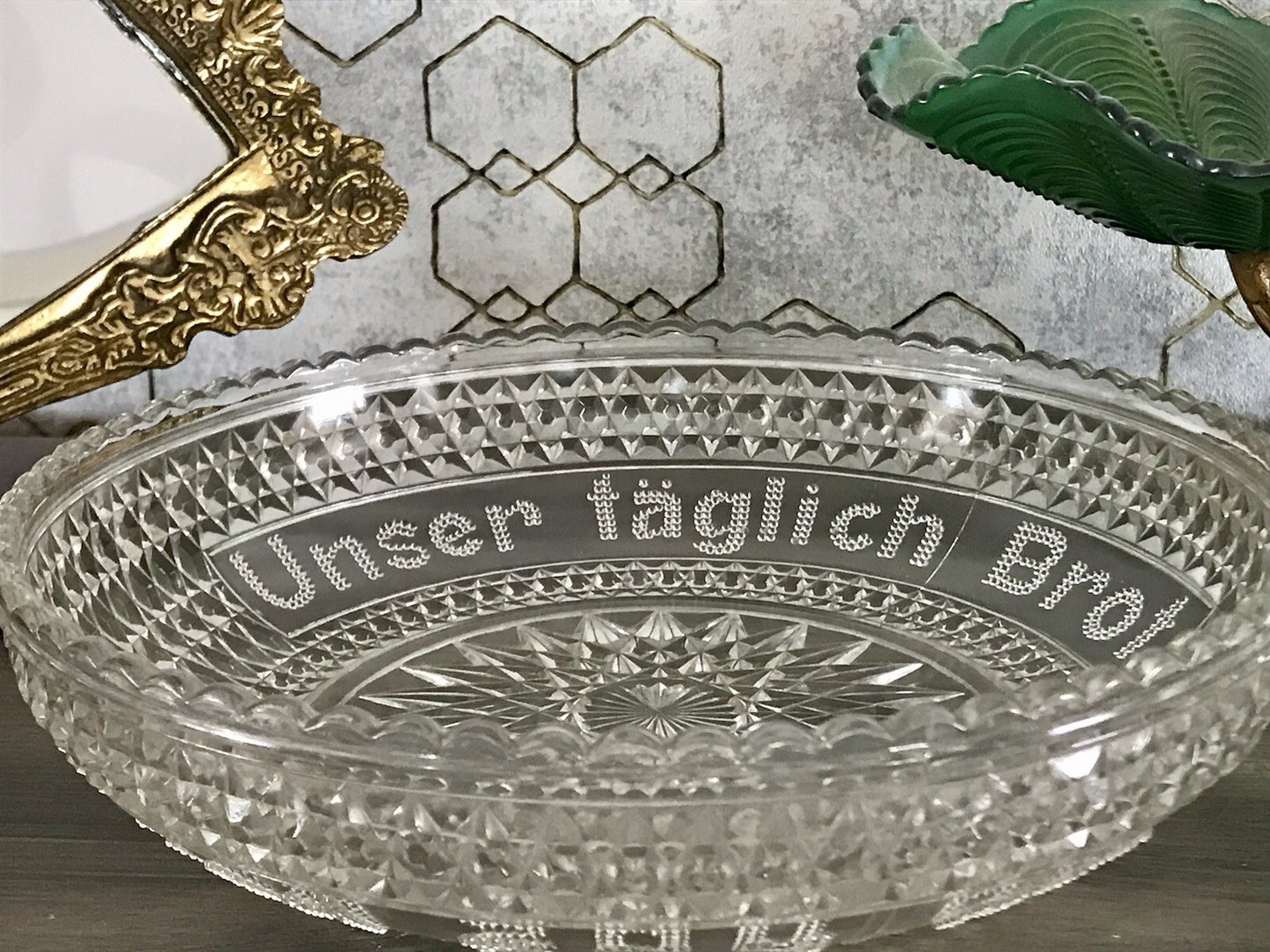 Art Déco Pressglas Schale Antik Brotschale Unser täglich Brot gib uns heute Glas