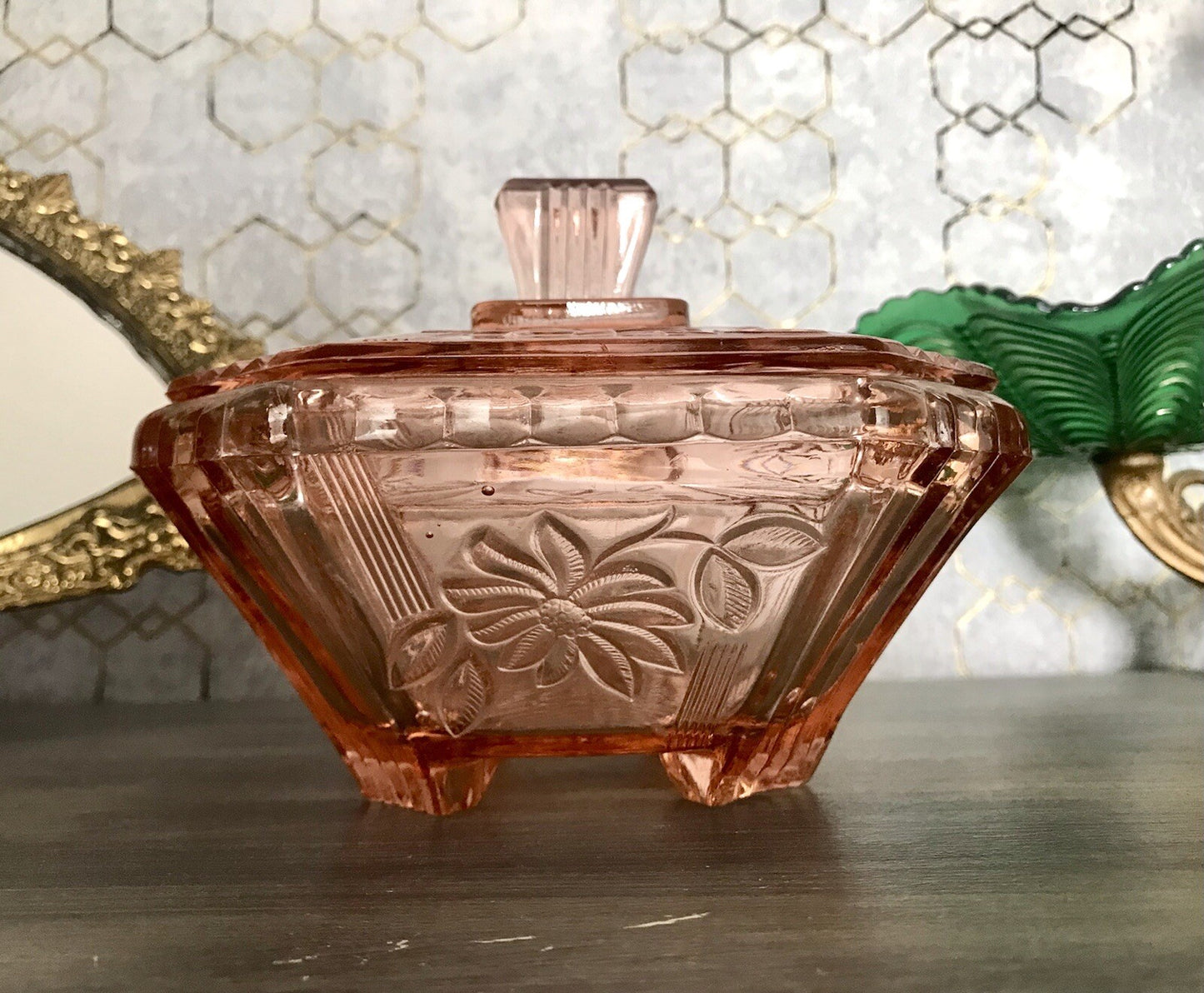 Antik Art Déco Dose Deckeldose Zierdose Pressglas Rosalin rosa Glas