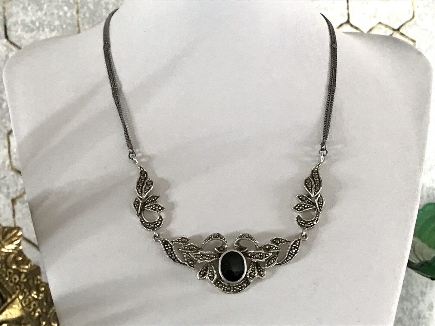 Antik Edel Jugendstil Art Déco 925 Silber Collier Halskette mit Onyx & Markasite