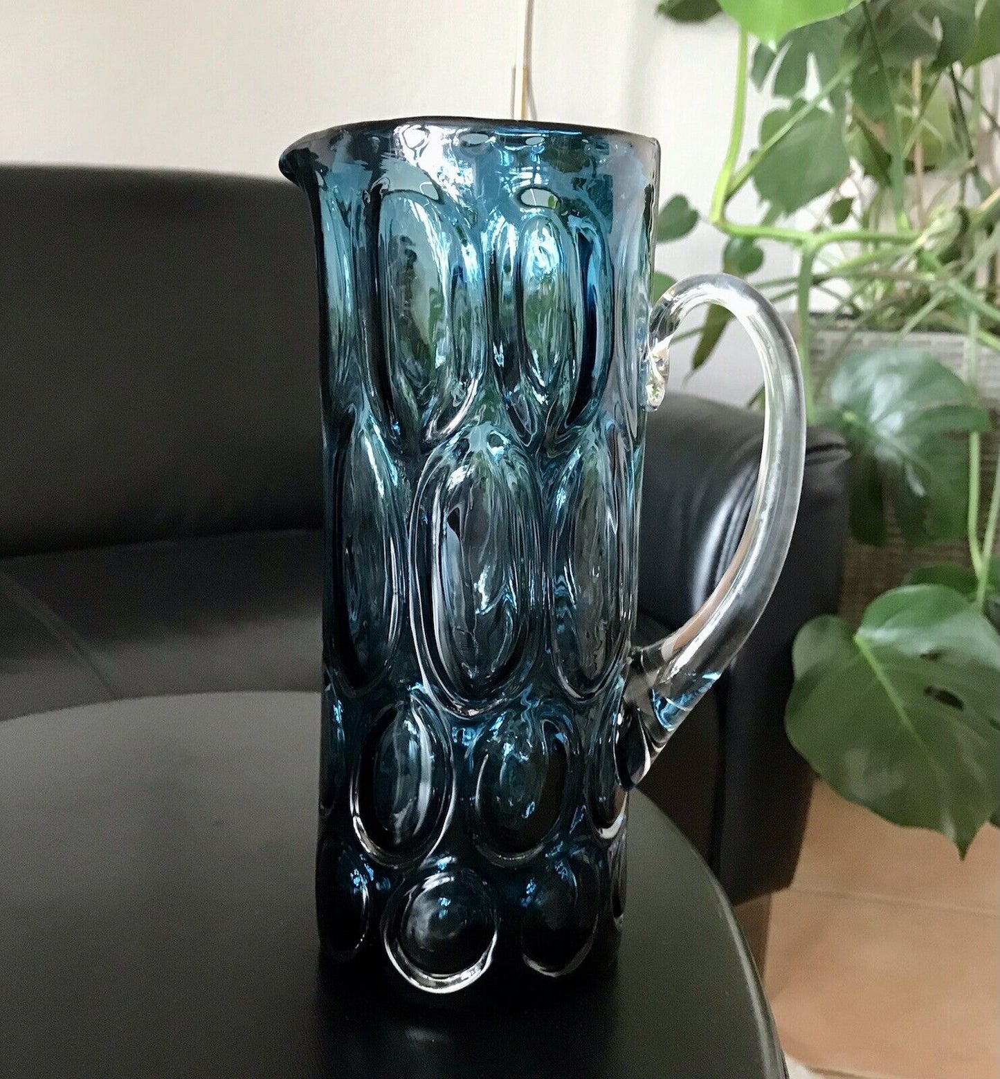 Vintage Designer 60er Krug Kanne Karaffe Space Age Glas Bubble Struktur blau