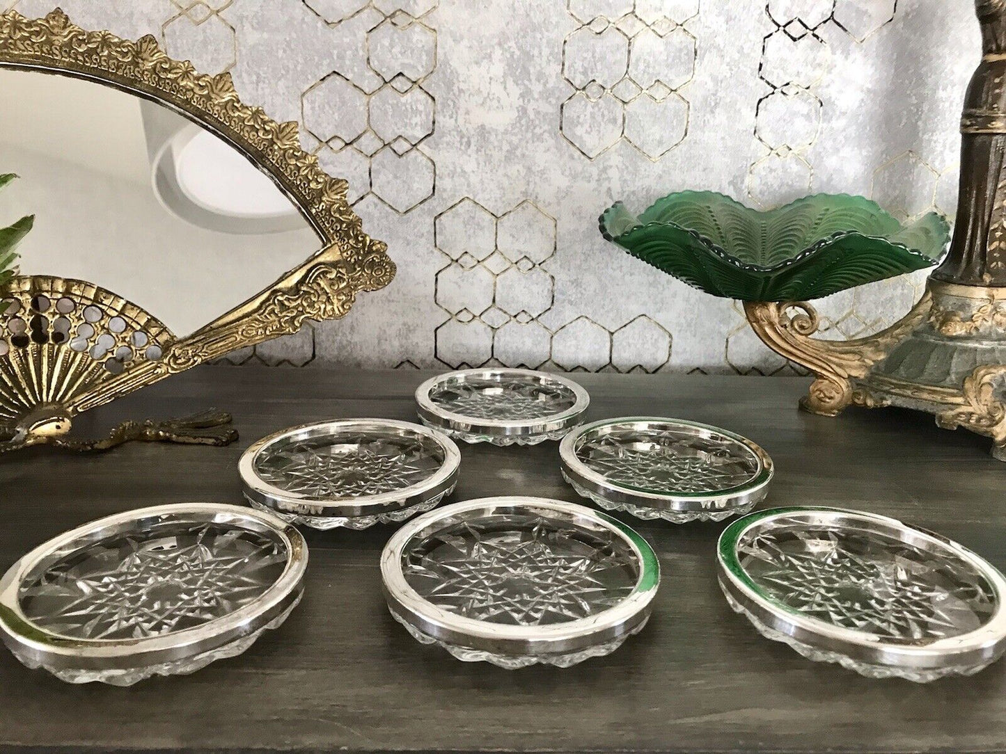 Vintage 6x Untersetzer für Weingläser Glas Kristallglas Bleikristall versilbert