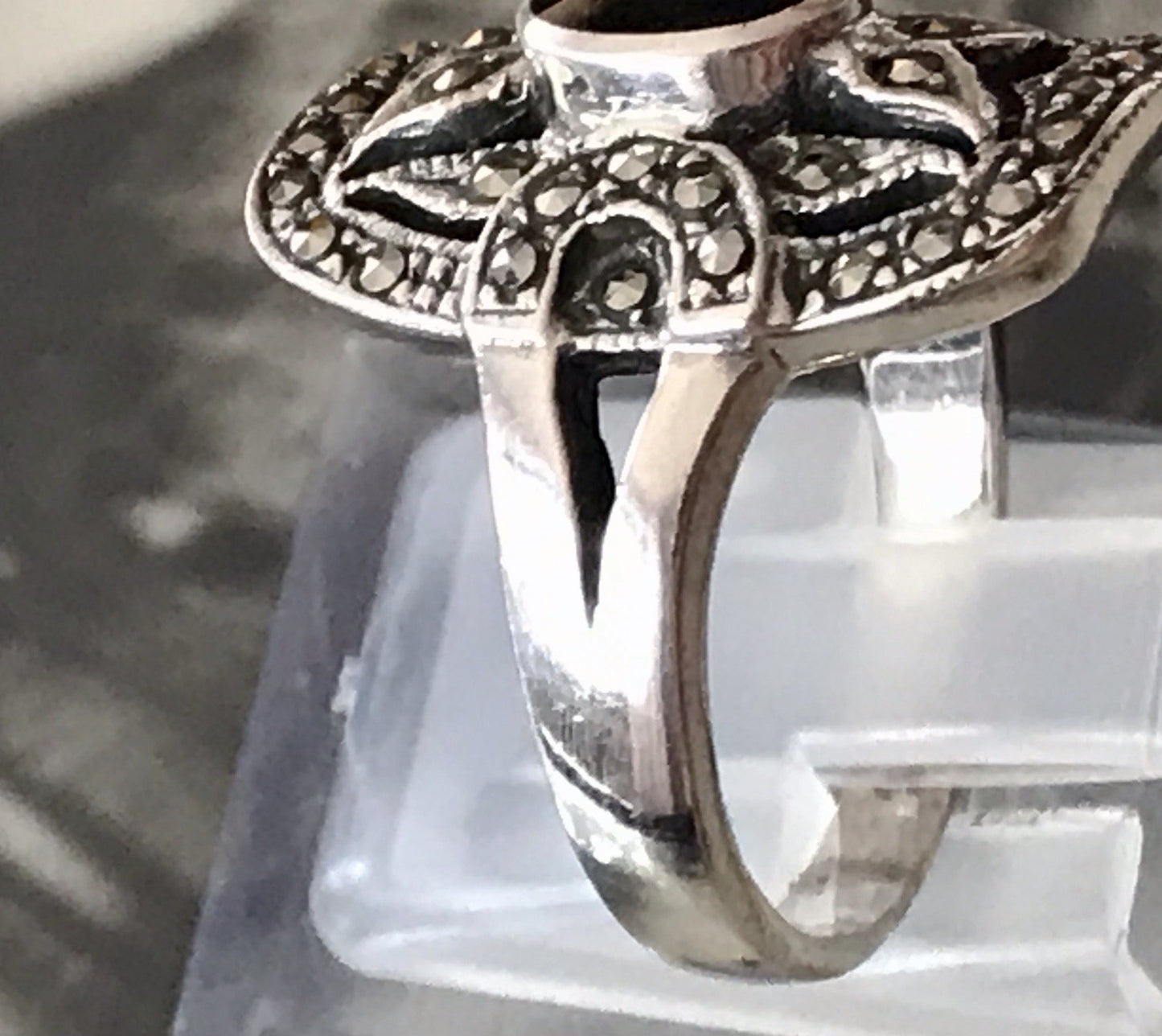 Antik Art Déco Damen Schiffchen Ring 925 Silber Gr.60 Onyx Markasite