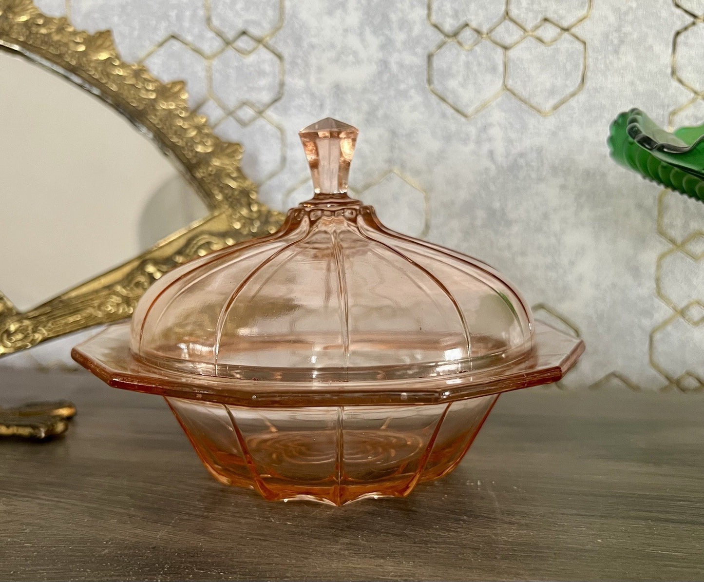Antik Art Déco Dose Deckeldose Rosalin Rosa Pressglas