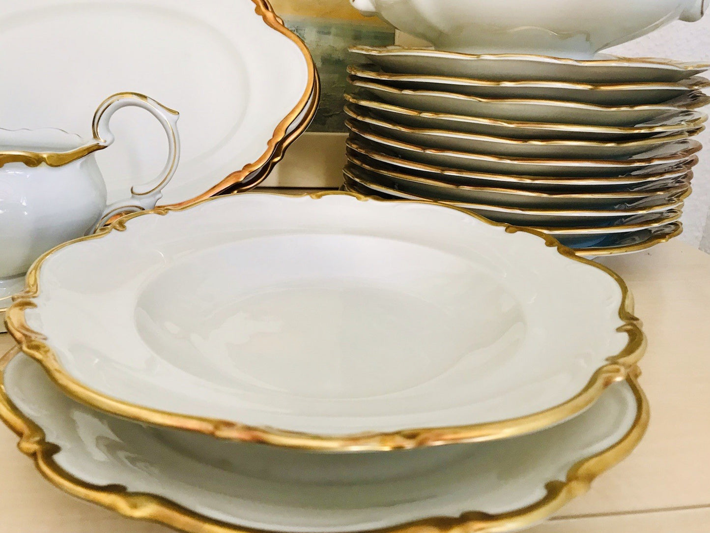 Antik Art Déco Porzellan Tafelservice goldene Ranke EDEL Mitterteich 12 Personen