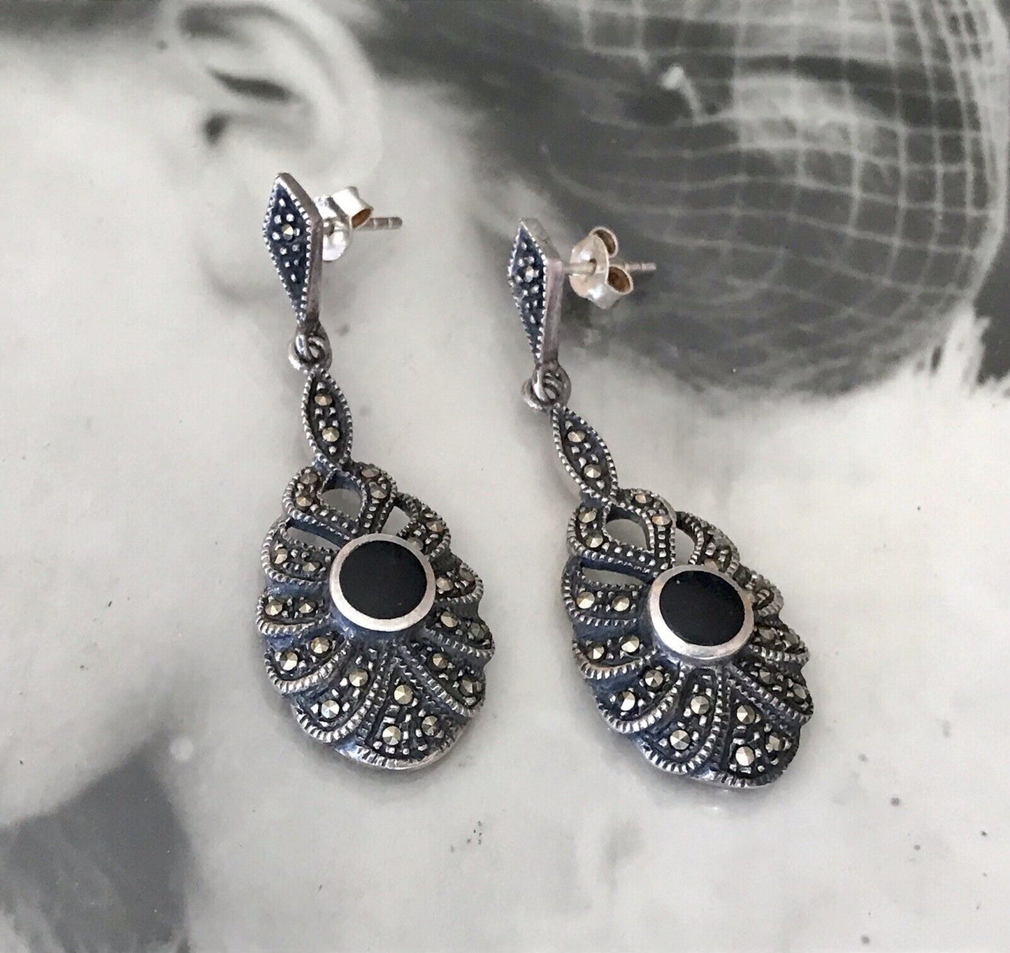 Antik Art Déco Wunderschön Ohrhänger Ohrringe DAMEN Silber 925 Onyx Markasite