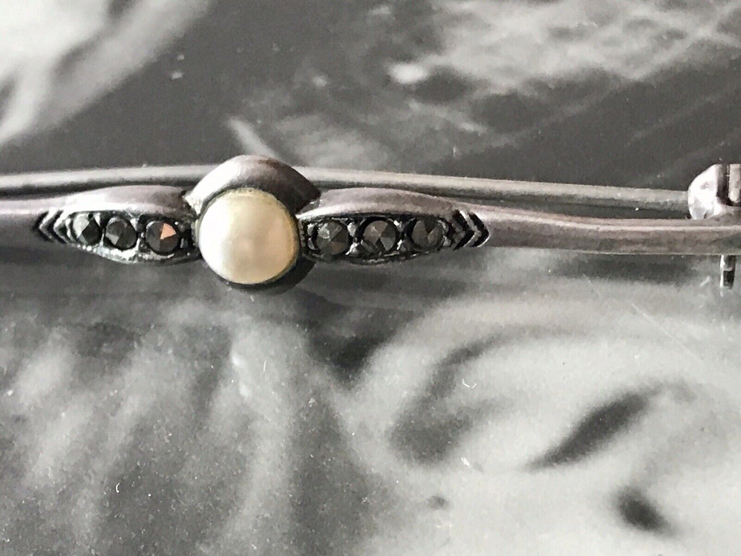 Antik Art Déco Edel Stabbrosche 835 Silber Brosche Markasiten Perle So Schön!