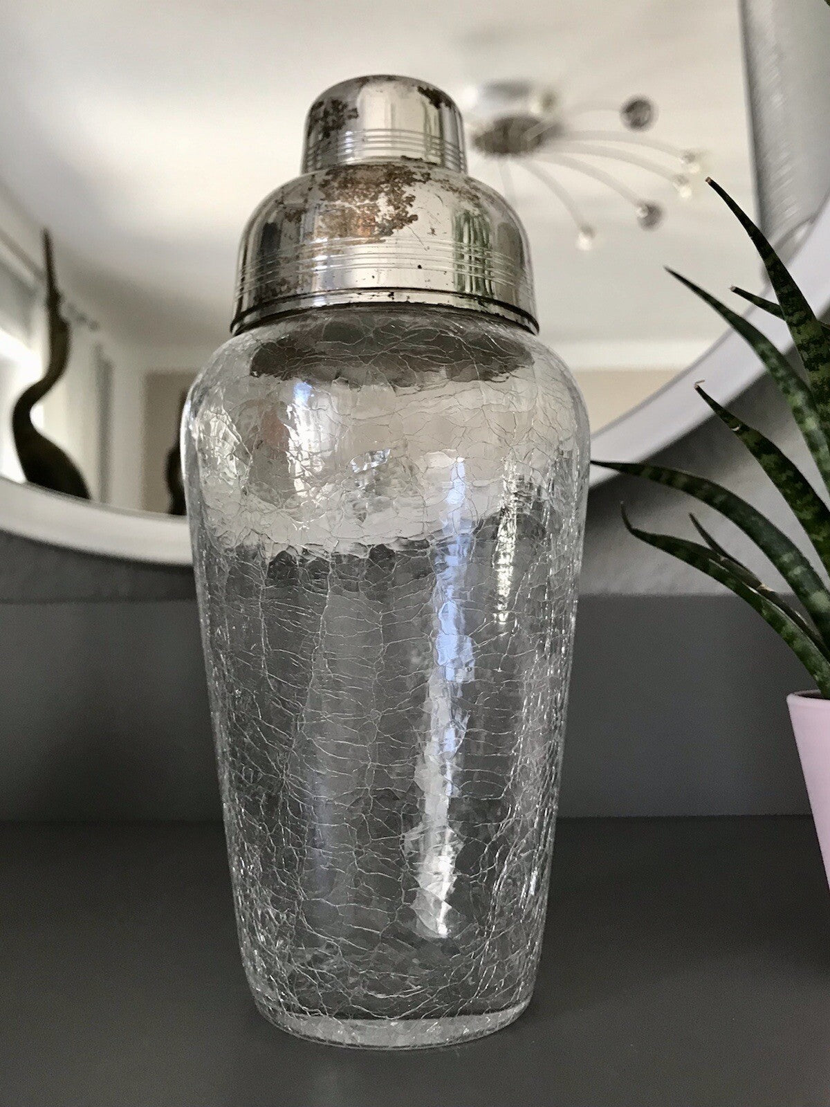 Vintage Glas 60er Craquelée versilbert Montur Getränke Cocktail Shaker