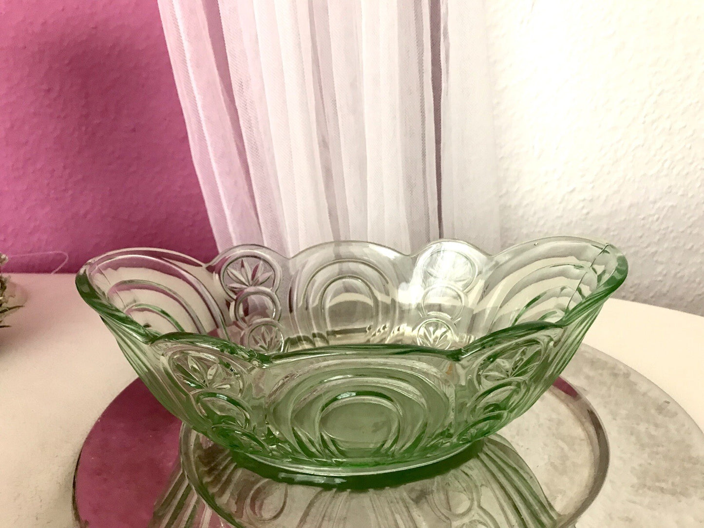 Antik Art Déco Jardiniere Schale Pressglas Glasschale grün Obstschale
