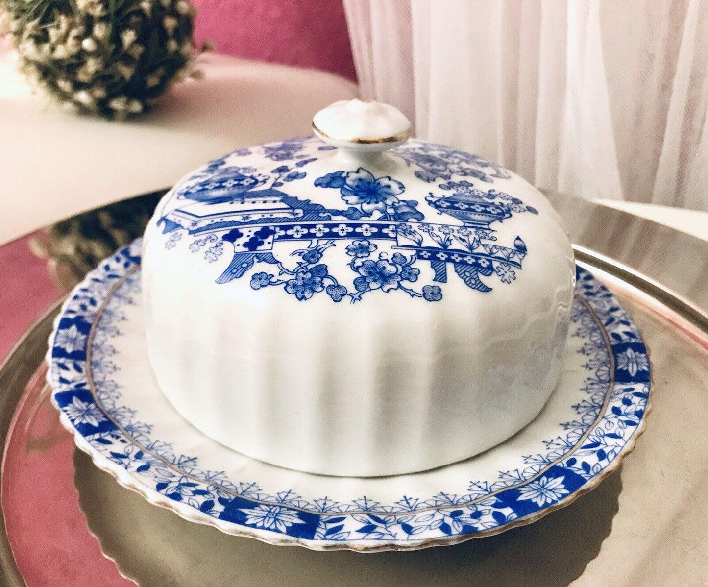 Antik Art Déco Porzellan Butterdose Dose China Blau