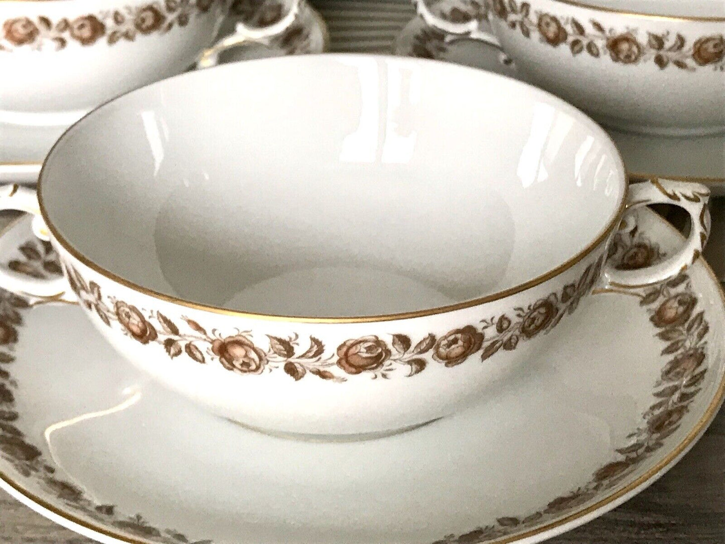 Vintage Porzellan Tafelservice Fürstenberg 12 Suppentassen weiß braun gold