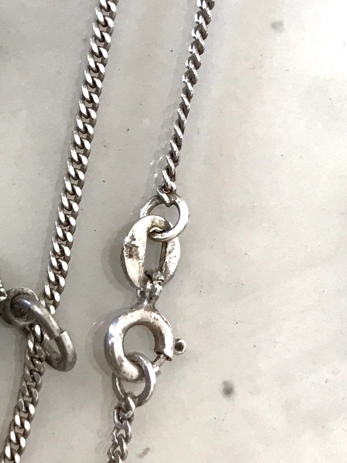 Antik Art Déco 835 Silber Halskette Kette & Rheinkiesel Stein Anhänger