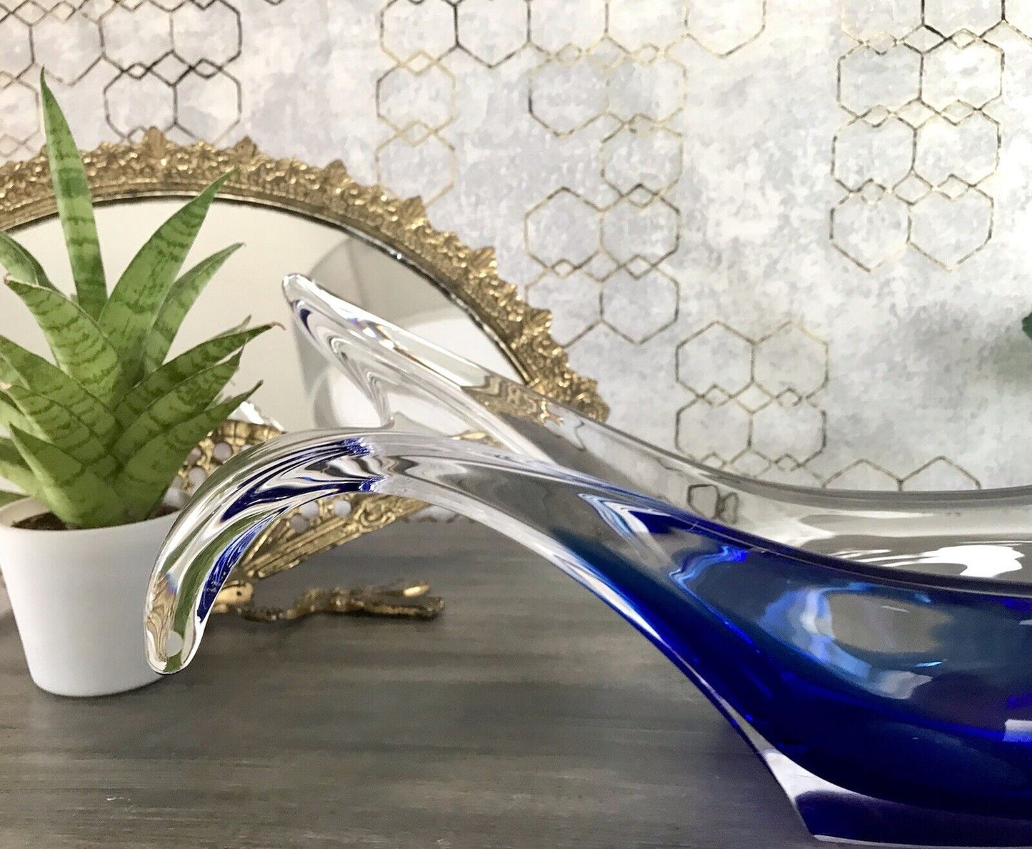 Murano 60er 70er Jahre Schale Glas zipfelig blauer Zwischenfang im Klarglas