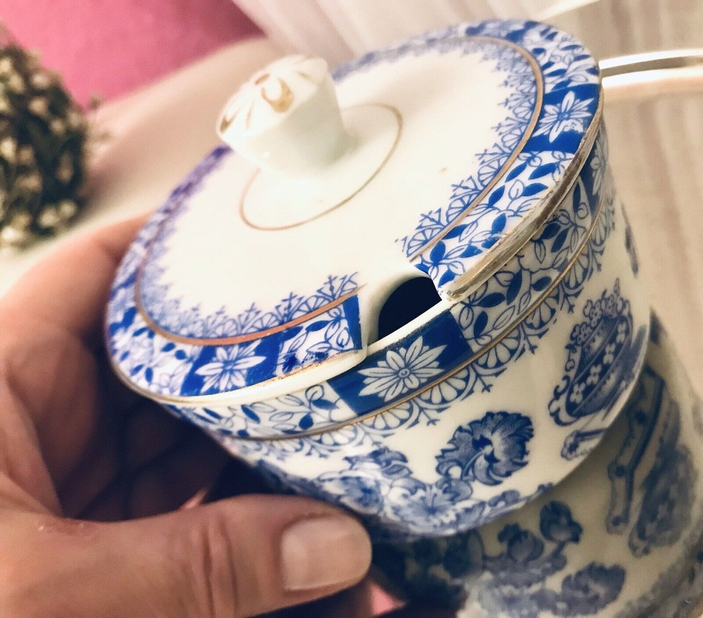 Antik Art Déco Porzellan Deckeldose Dose China Blau Oscar Schaller ??