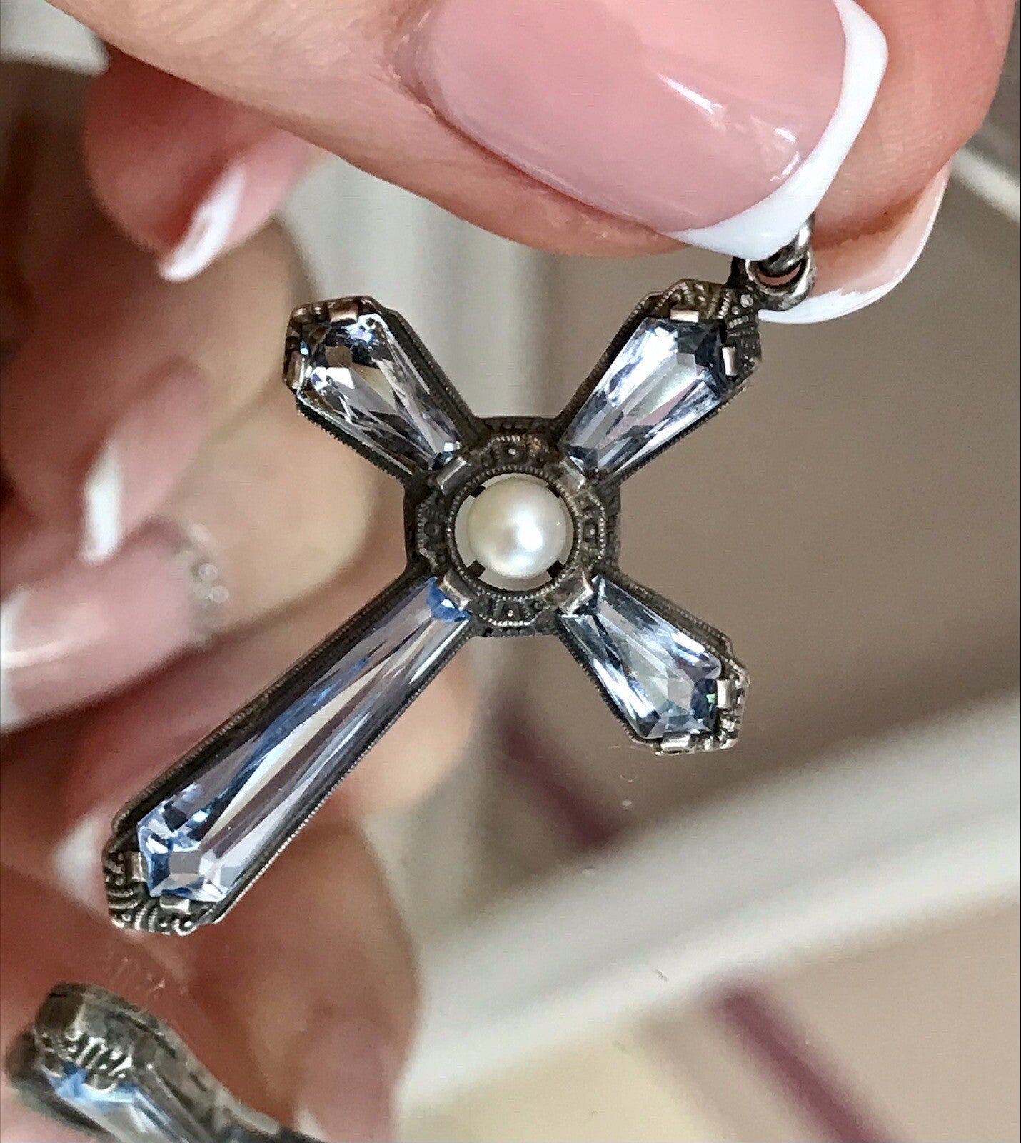 Antik Edel Art Déco Silber Kreuz Anhänger Kettenanhänger blaue Steine Aquamarin?