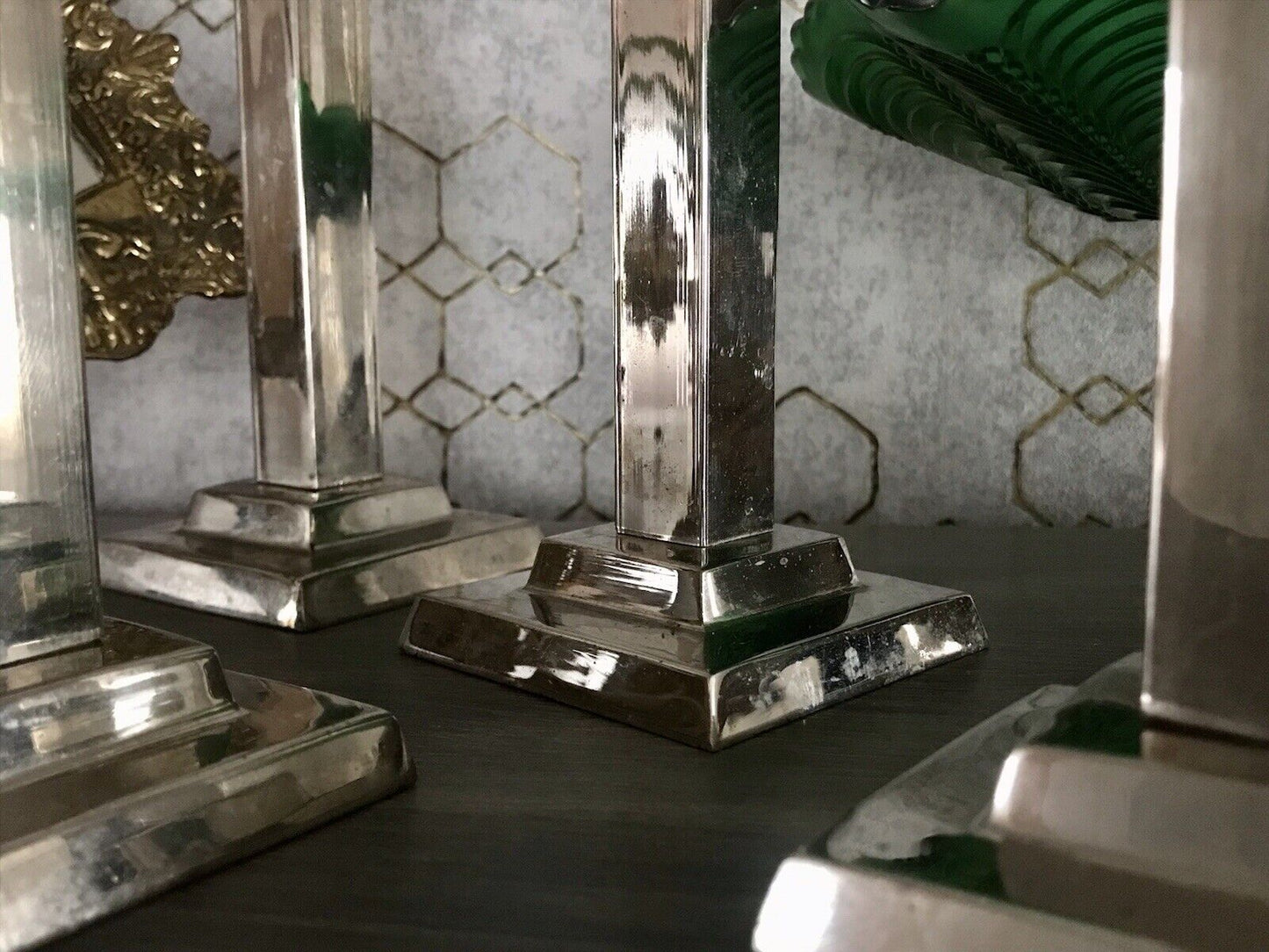 4 Kerzenleuchter Kerzenständer Leuchter Art Déco Stil versilbert? kantig