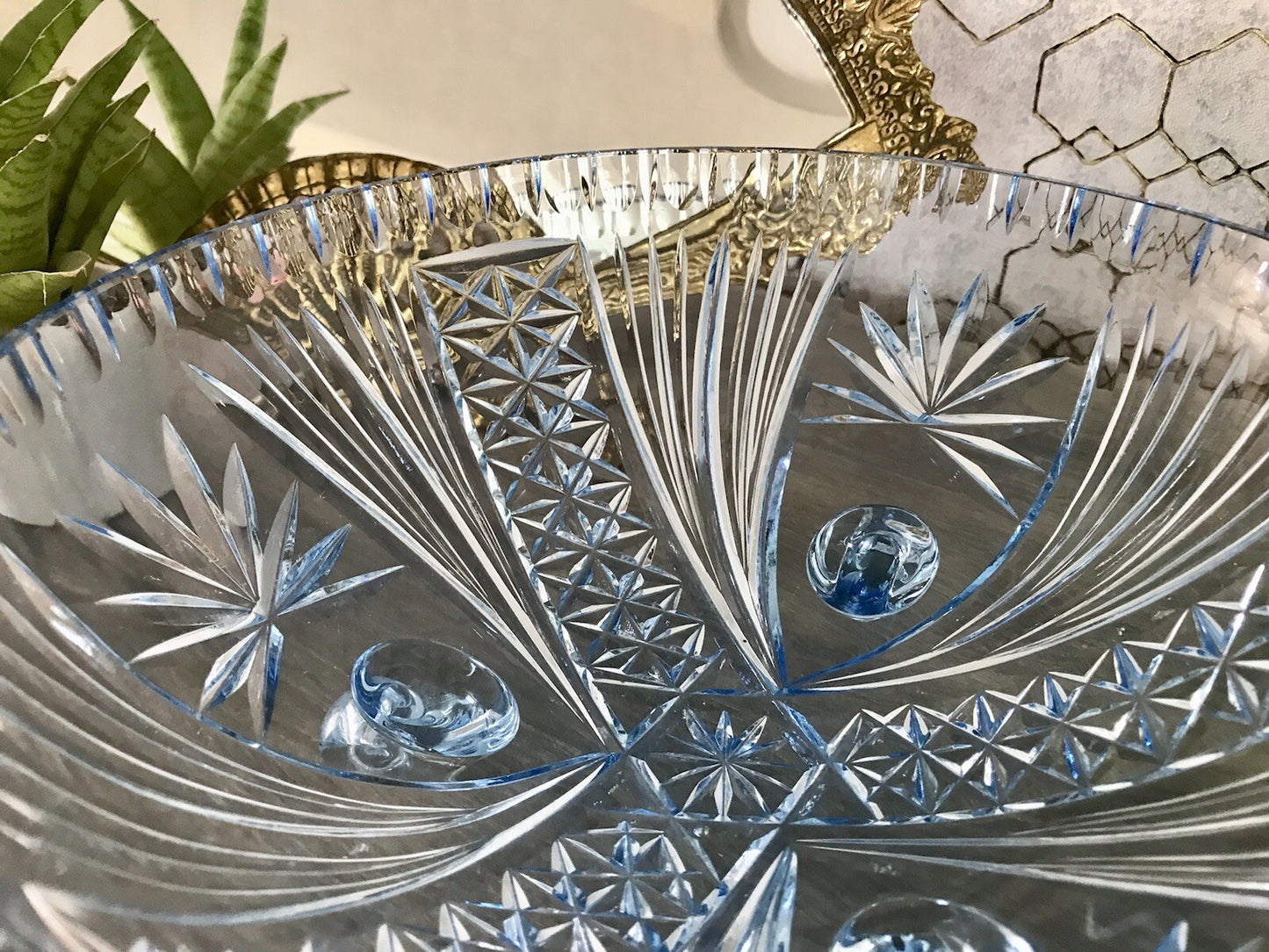 Antik EDEL blau Art Déco Schale Glasschale mundgeblasen geschliffen 3füssig