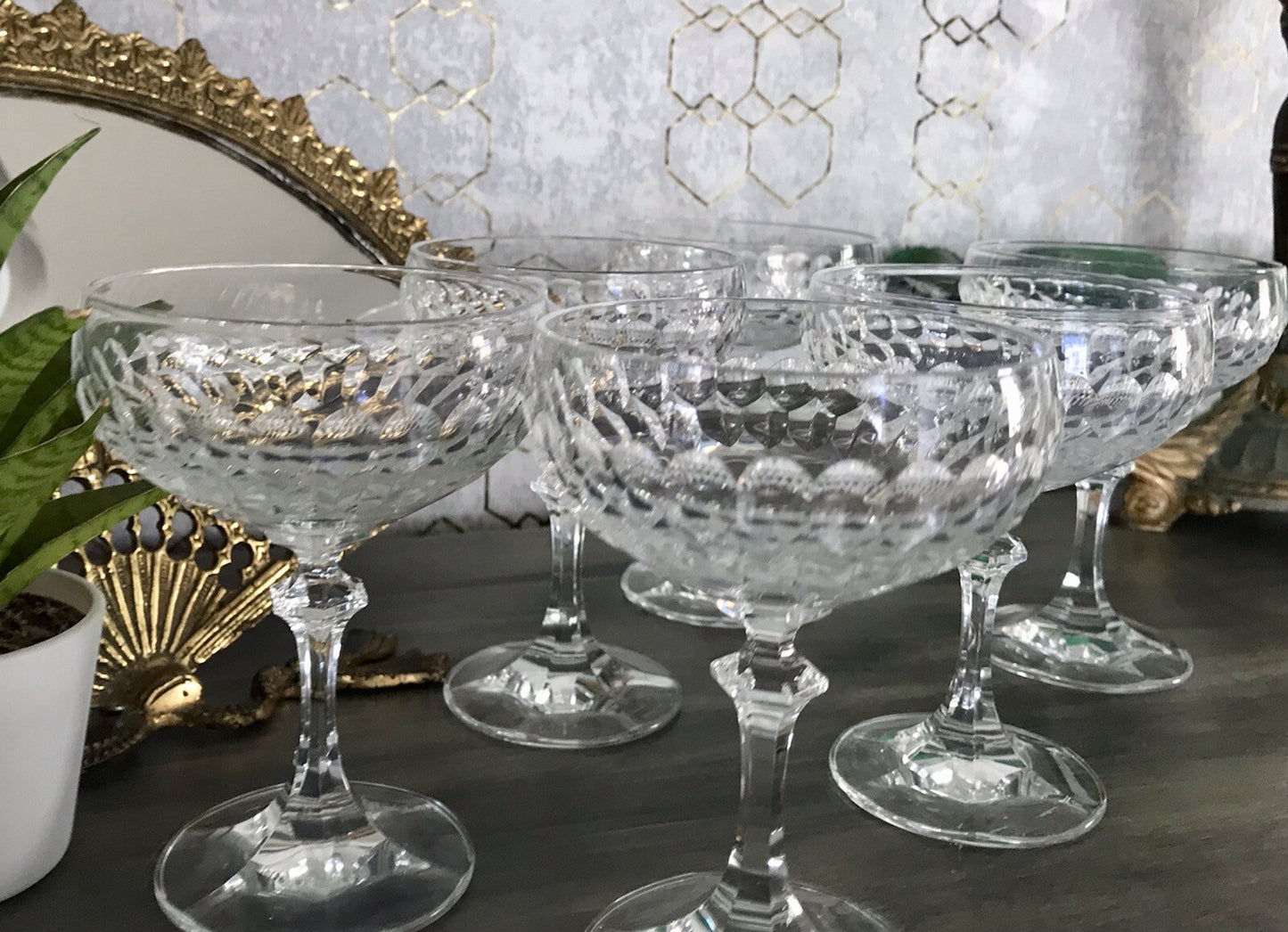 Vintage 8x Champagnerschalen Sektschalen Kristallglas Schliff Bleikristall
